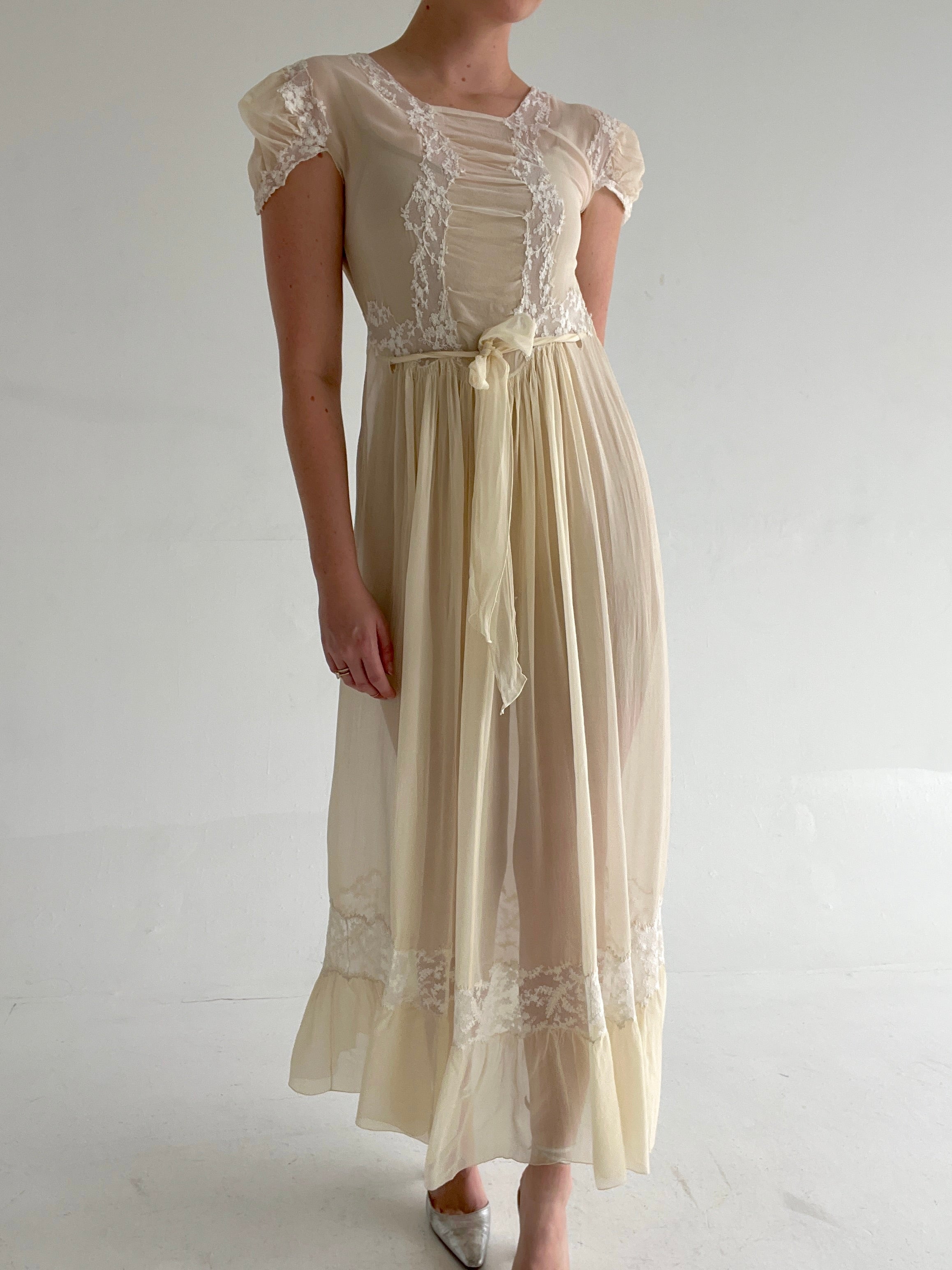 1930's Buttermilk Silk Chiffon Dress with White Lace