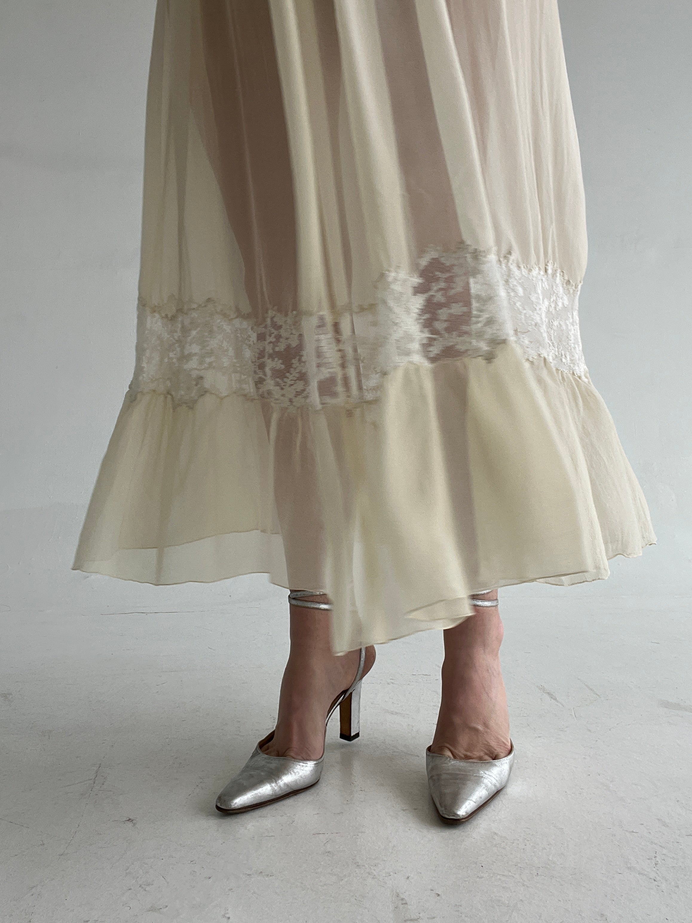 1930's Buttermilk Silk Chiffon Dress with White Lace