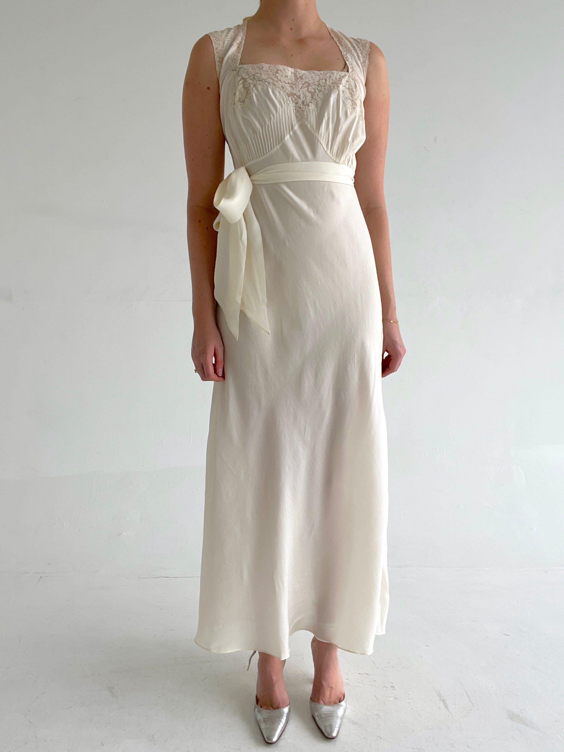 1930's Bridal White Silk Halter Dress with Cream Lace