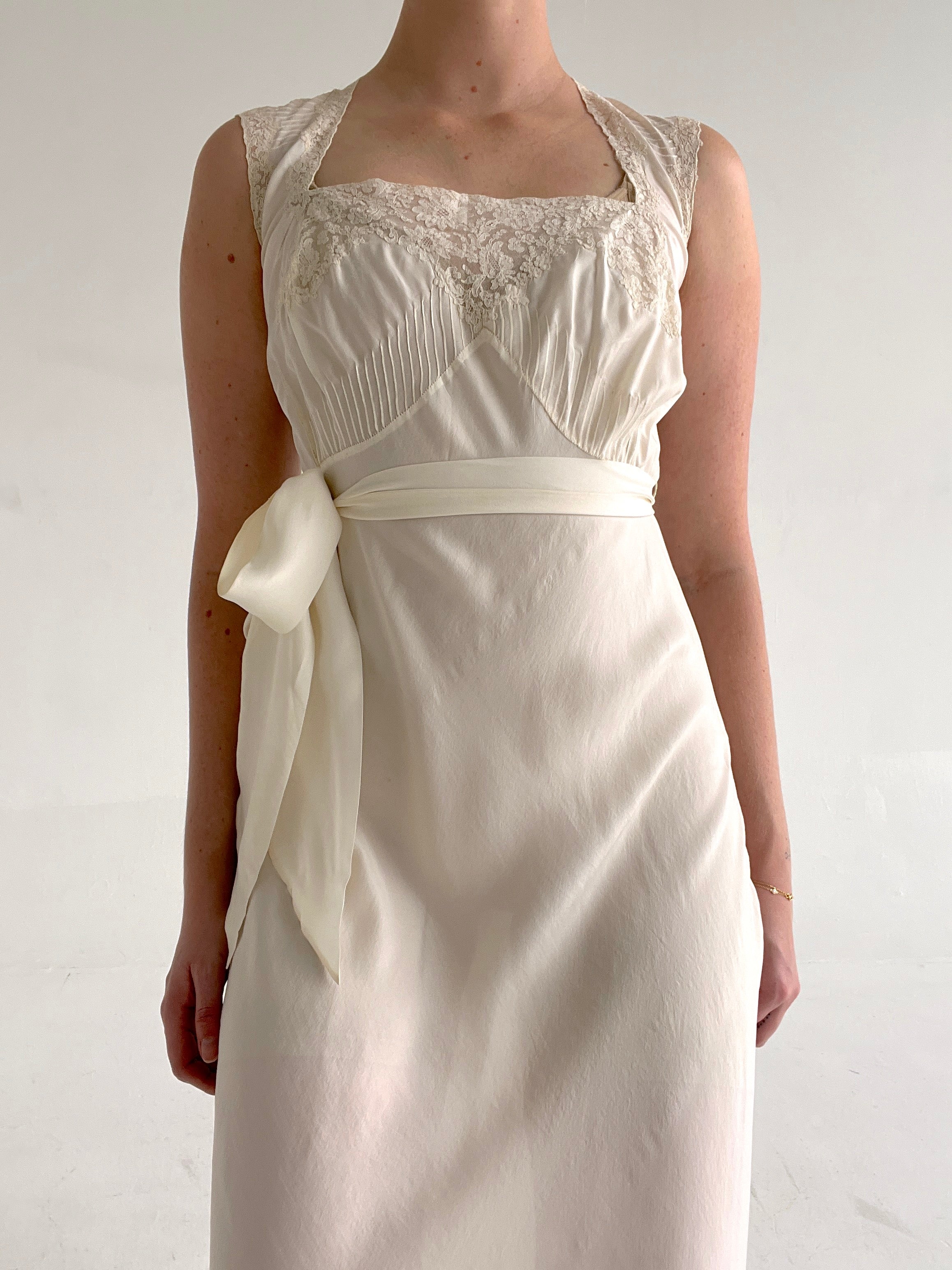 1930's Bridal White Silk Halter Dress with Cream Lace