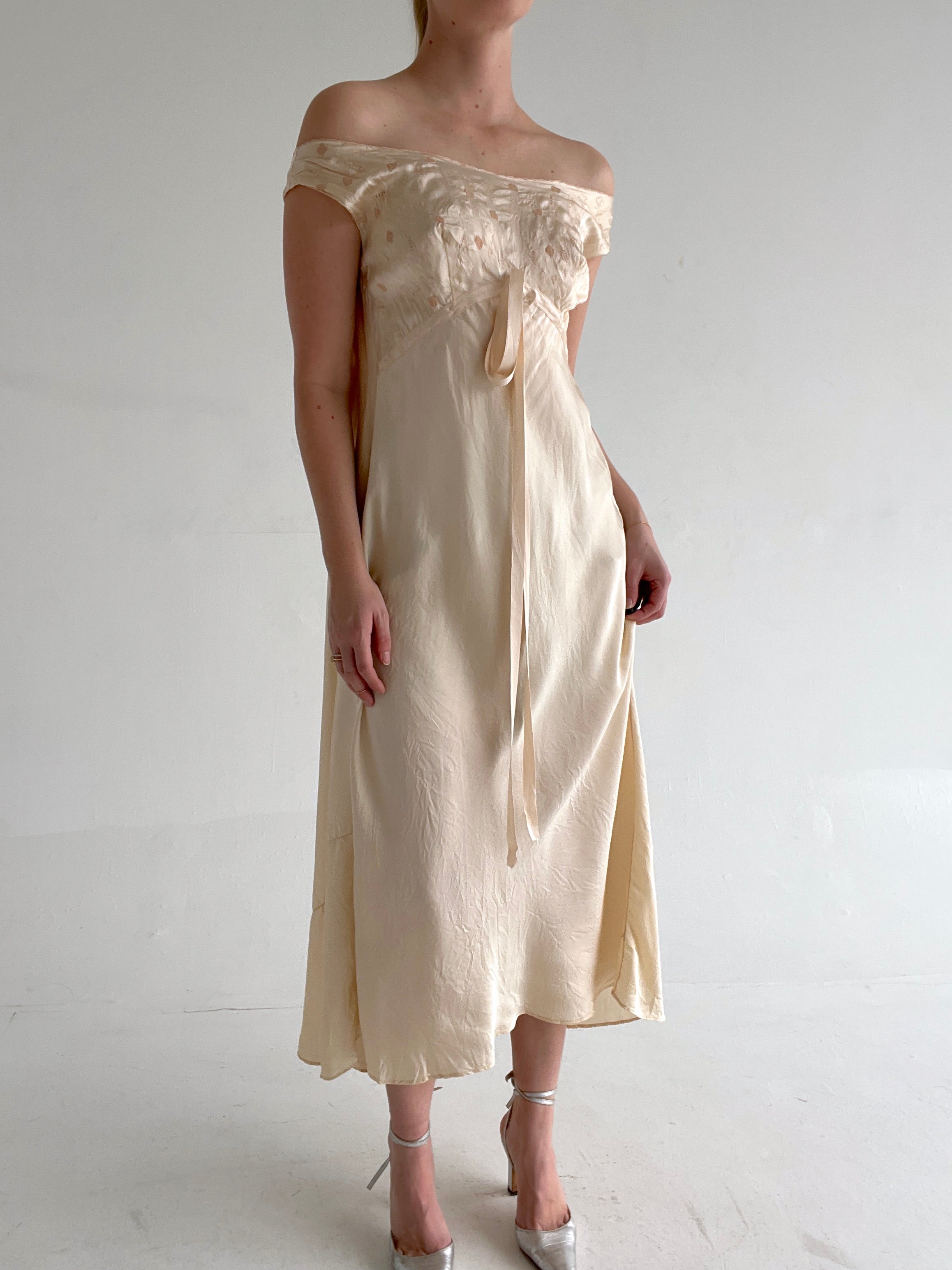 1930's Peachy Cream Silk Off the Shoulder Dress with Pink Embroidery