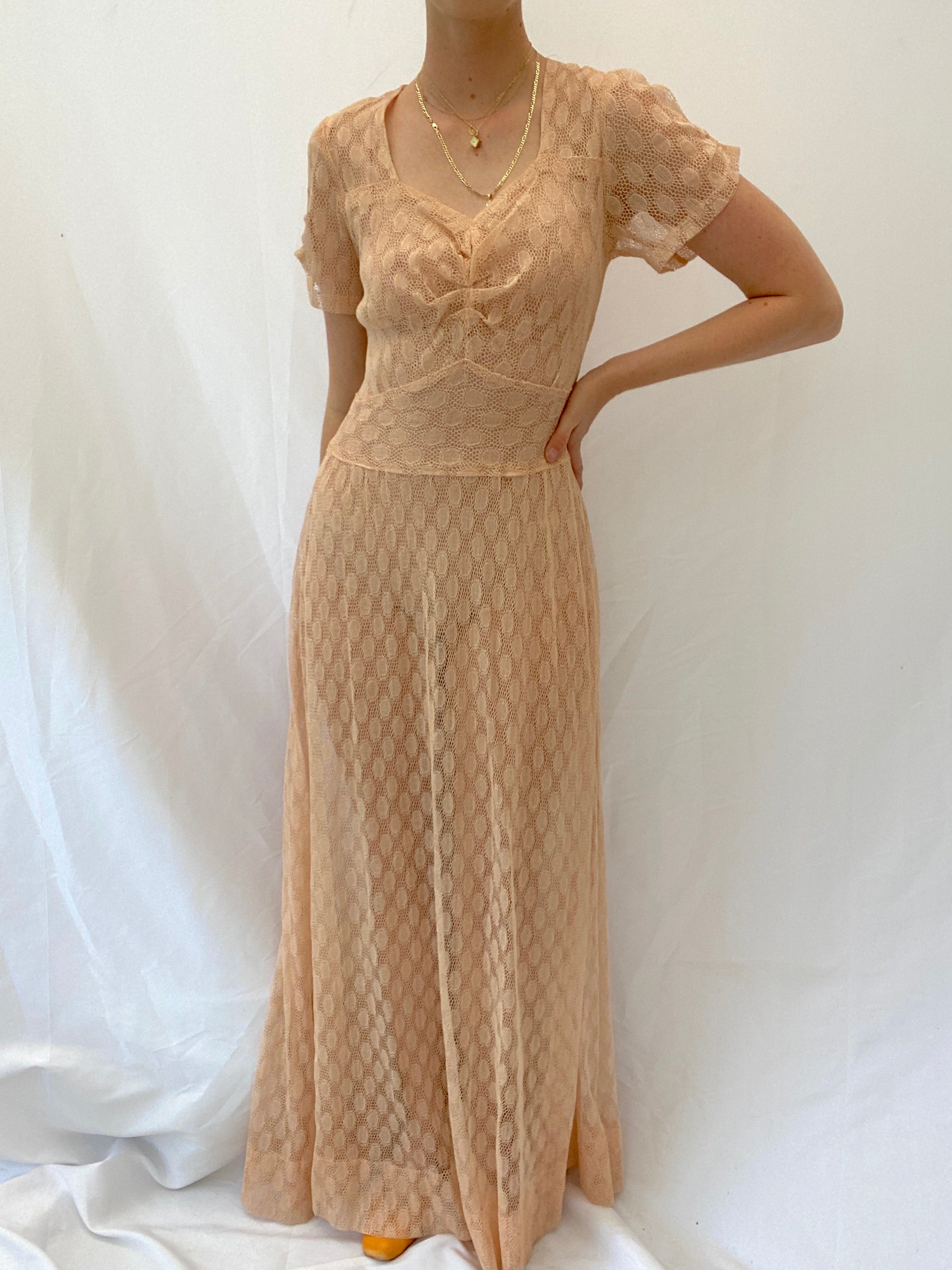 1940's Pink Polka Dot Net Gown with Sweetheart Neckline