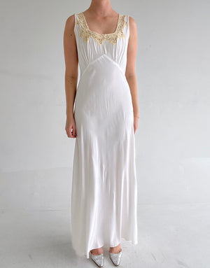 white slip dress long 1940's Bridal White Slip Dress with Cream Lace – Eveliina Vintage
