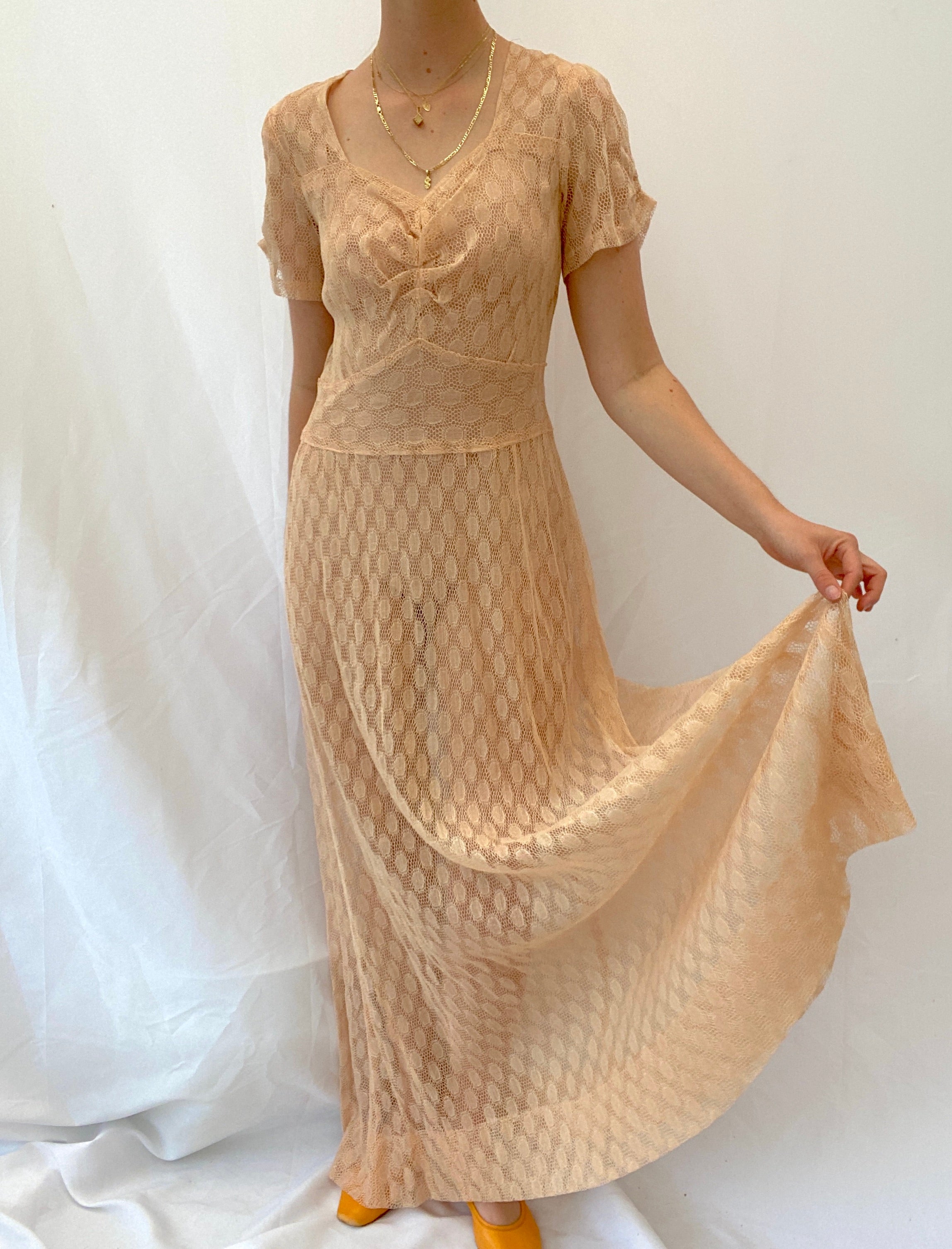 1940's Pink Polka Dot Net Gown with Sweetheart Neckline