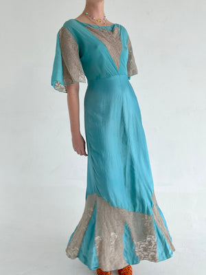 1930's Aqua Silk and Chiffon Dress With Dark Mauve Lace Inserts