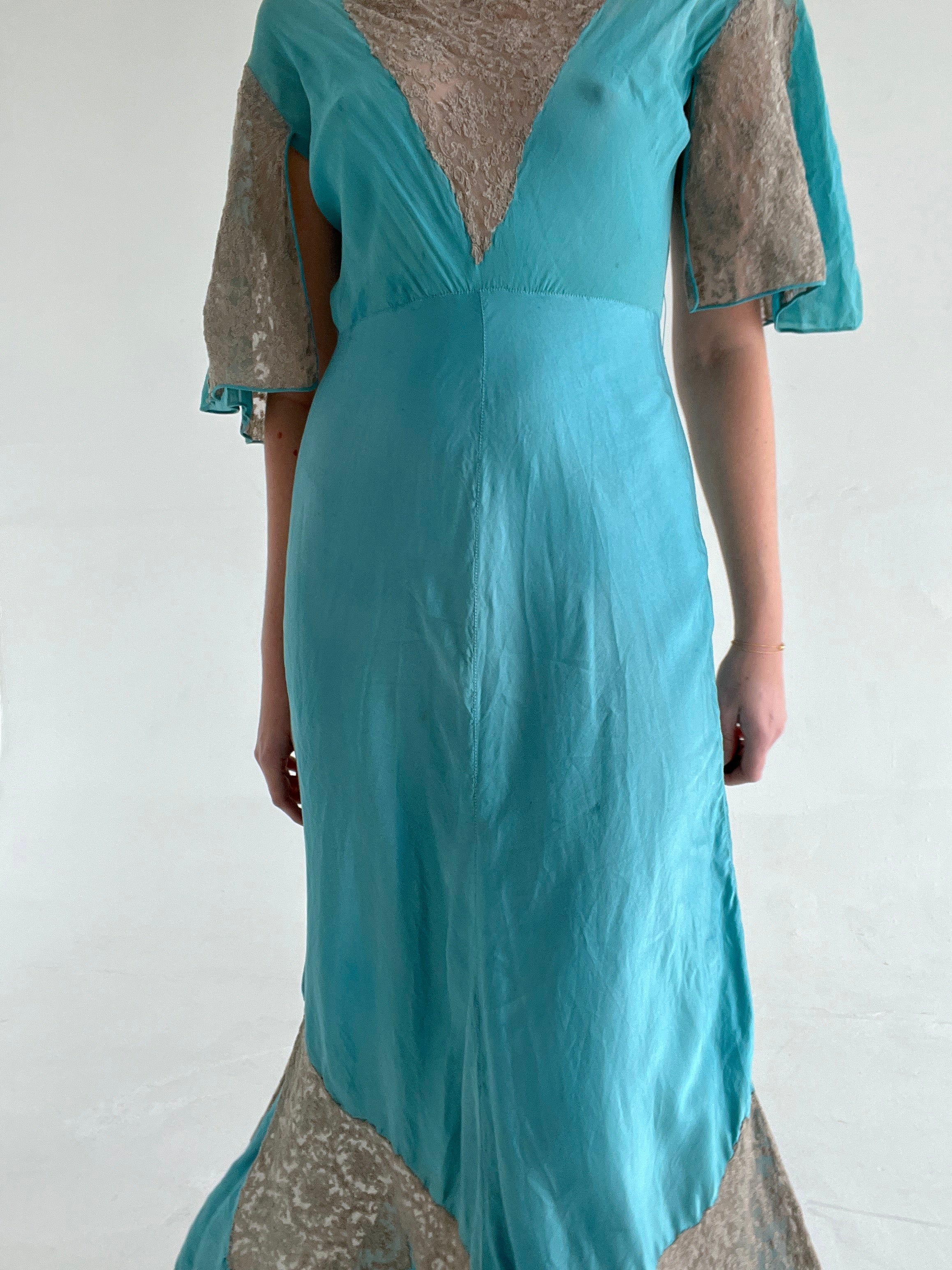 1930's Aqua Silk and Chiffon Dress With Dark Mauve Lace Inserts