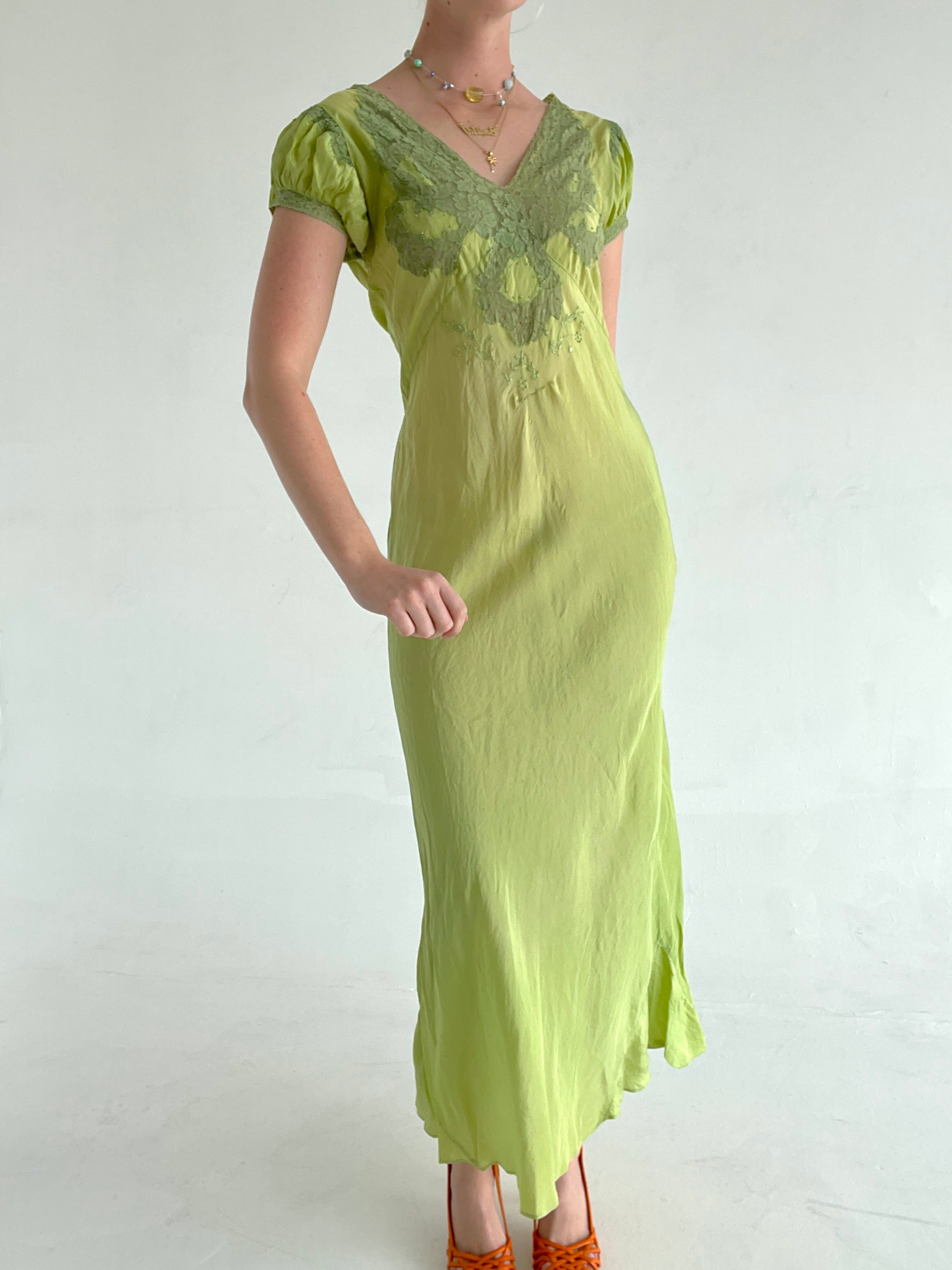 Hand Dyed Sage Green Puffed Sleeve Slip Dress