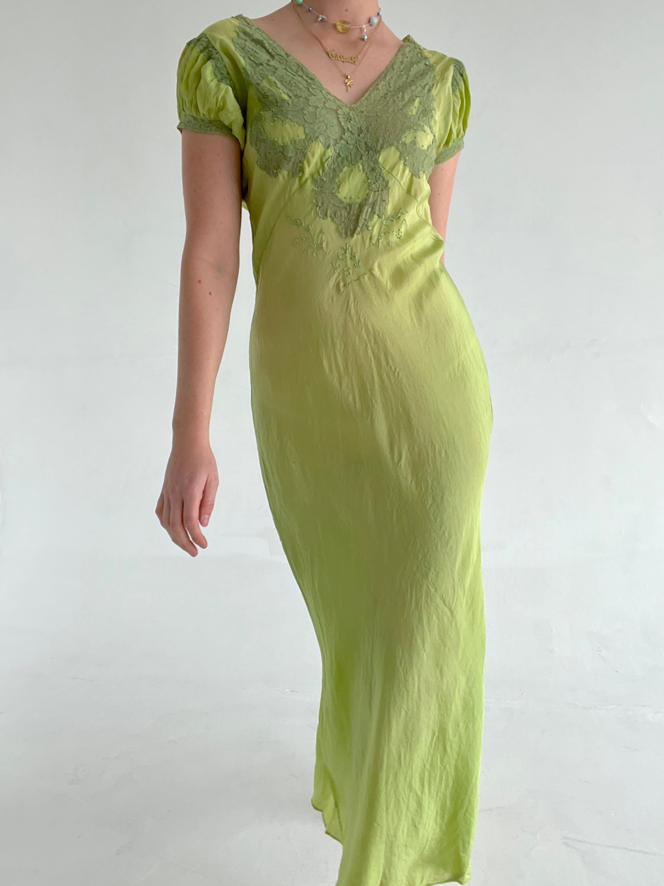 Hand Dyed Sage Green Puffed Sleeve Slip Dress Eveliina Vintage Hand Dyed Sage Green Puffed Sleeve Slip Dress Eveliina Vintage