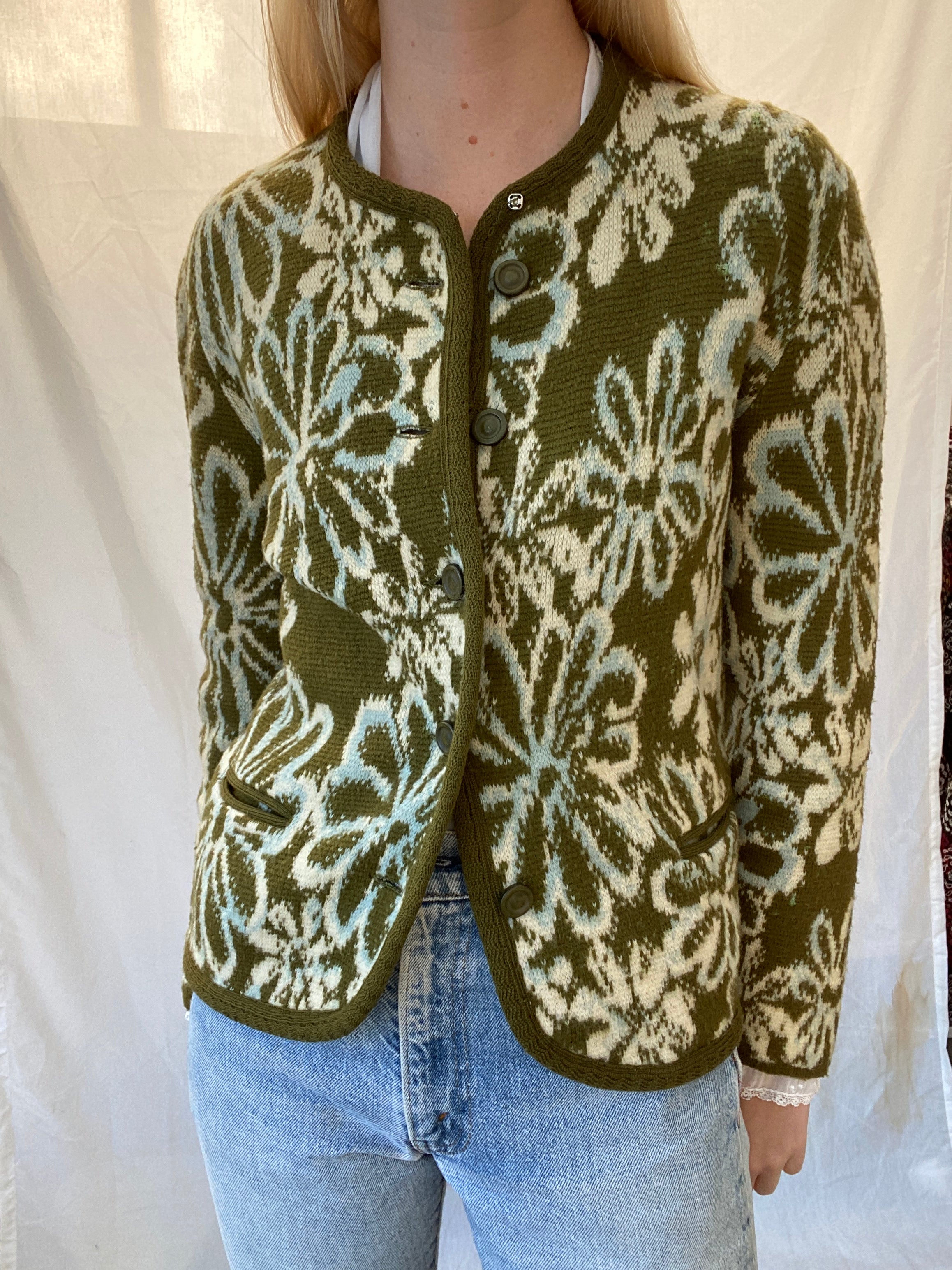 1960's Green Floral Cardigan