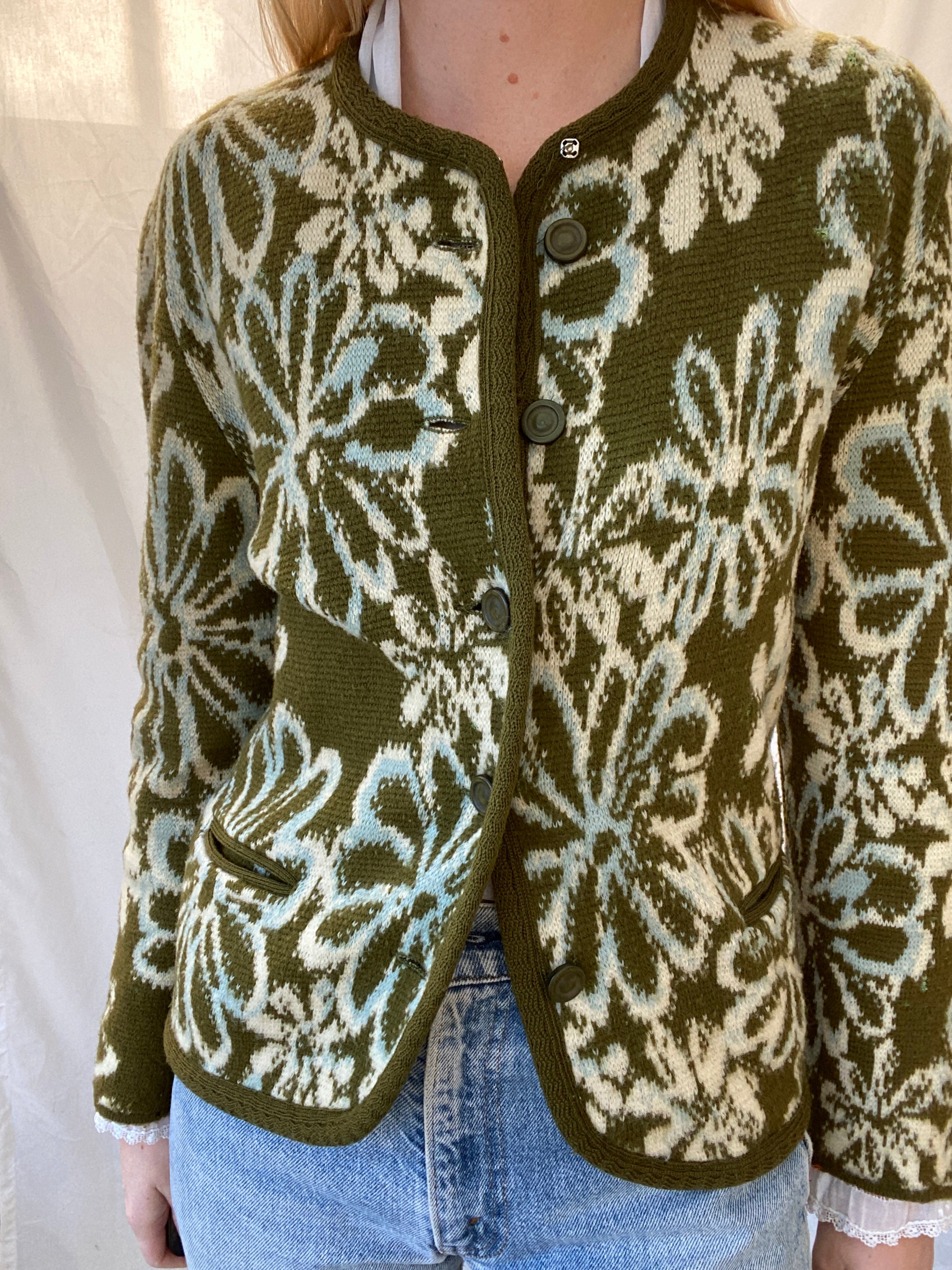 1960's Green Floral Cardigan