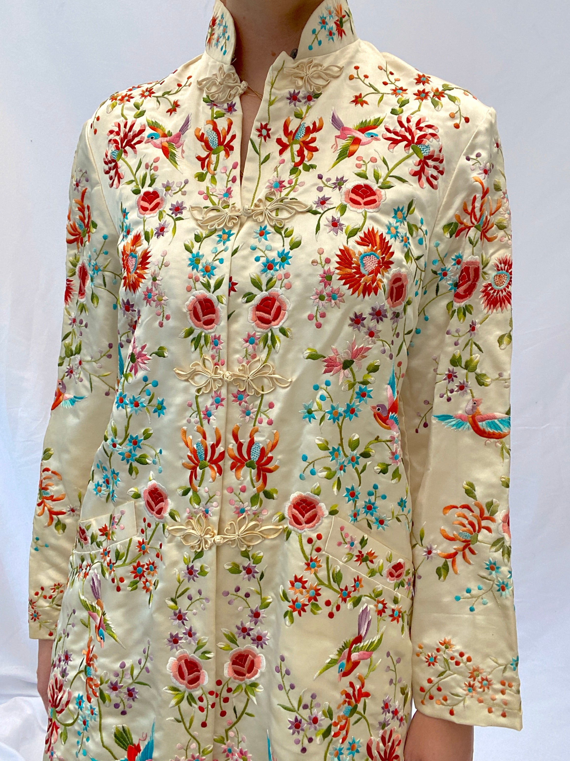 1970's Multicolor Floral and Bird Embroidered Cream Cheongsam