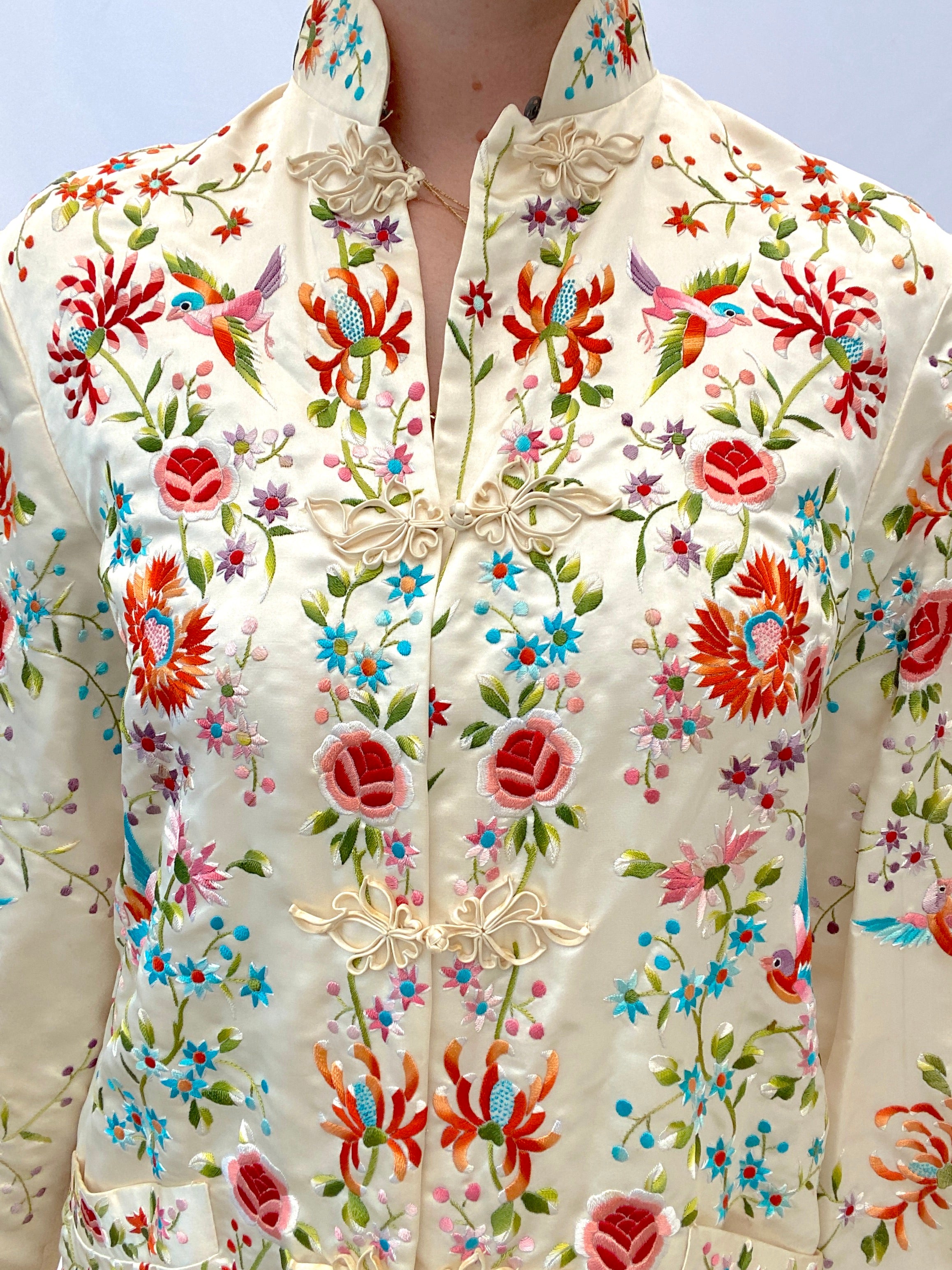 1970's Multicolor Floral and Bird Embroidered Cream Cheongsam