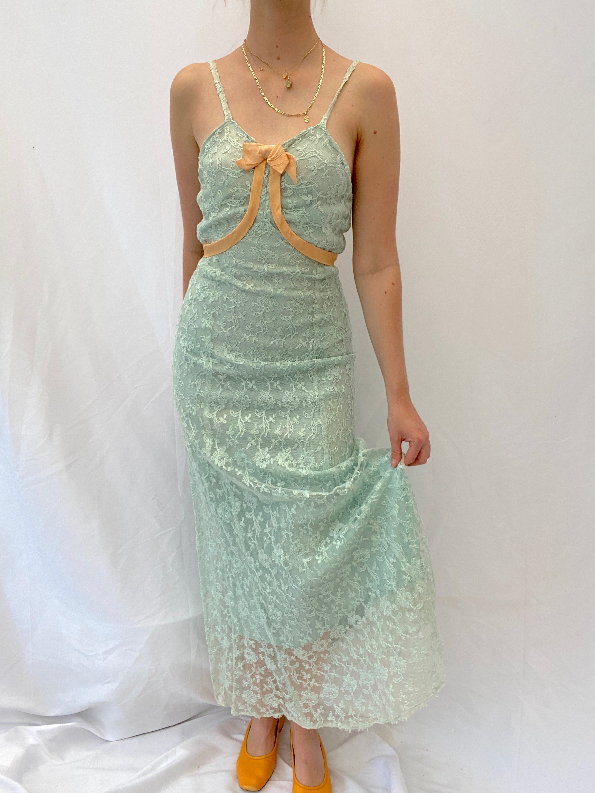 1940's Ocean Blue Lace Dress with Pink Satin Tie