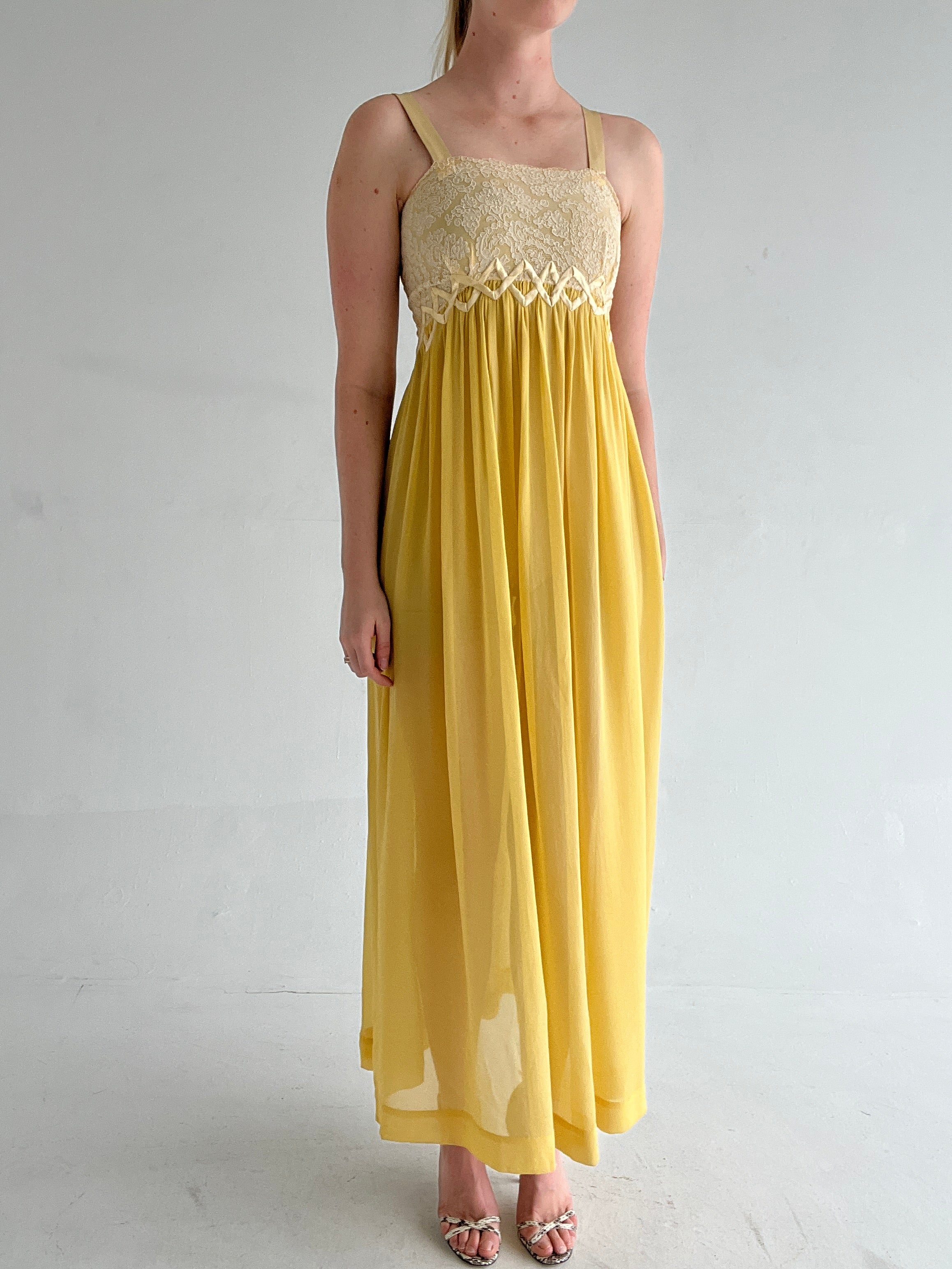 1930's Sunflower Yellow Silk Chiffon Dress with Cream Lace Eveliina Vintage 1930's Sunflower Yellow Silk Chiffon Dress with Cream Lace Eveliina Vintage