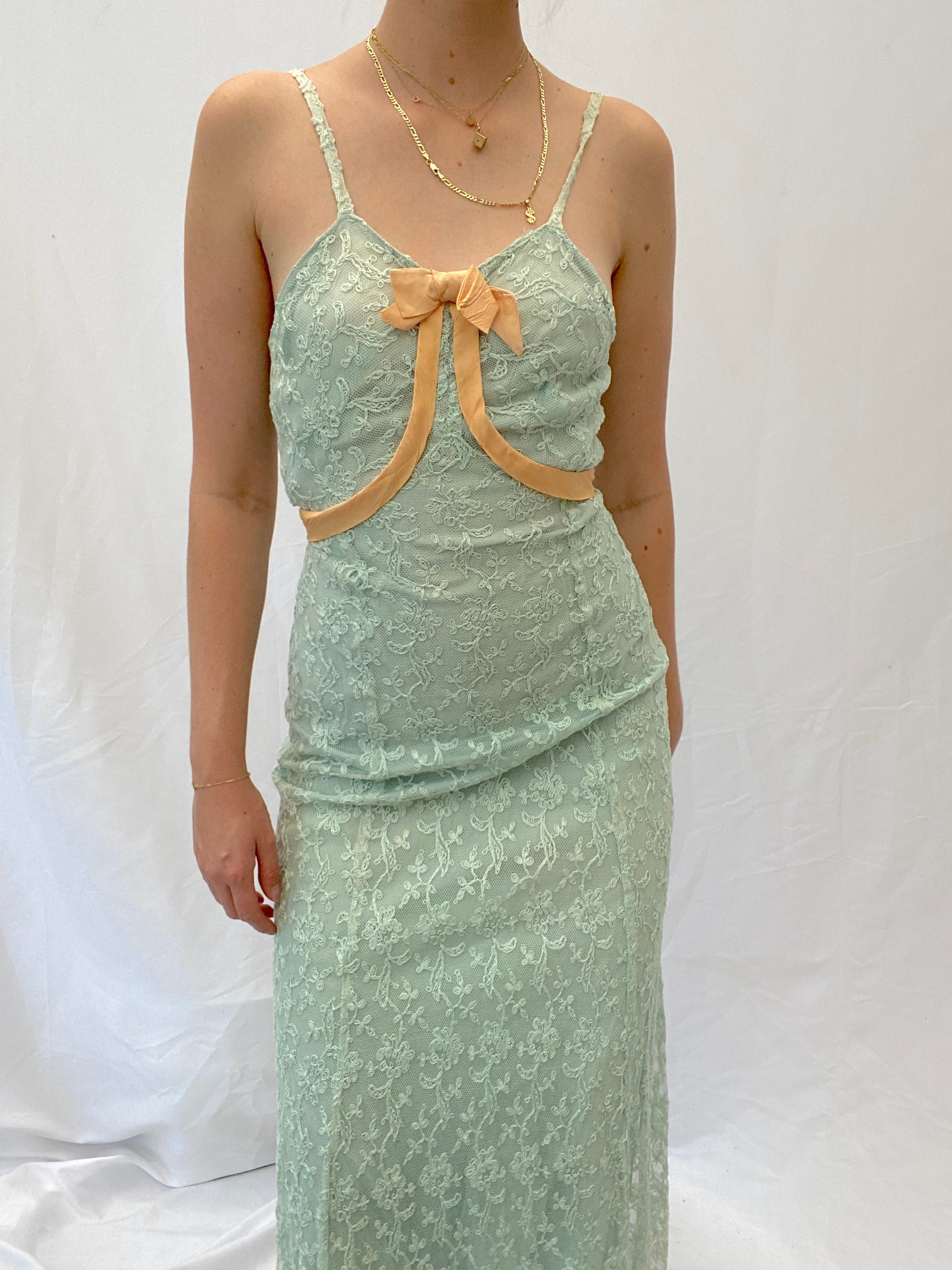 1940's Ocean Blue Lace Dress with Pink Satin Tie
