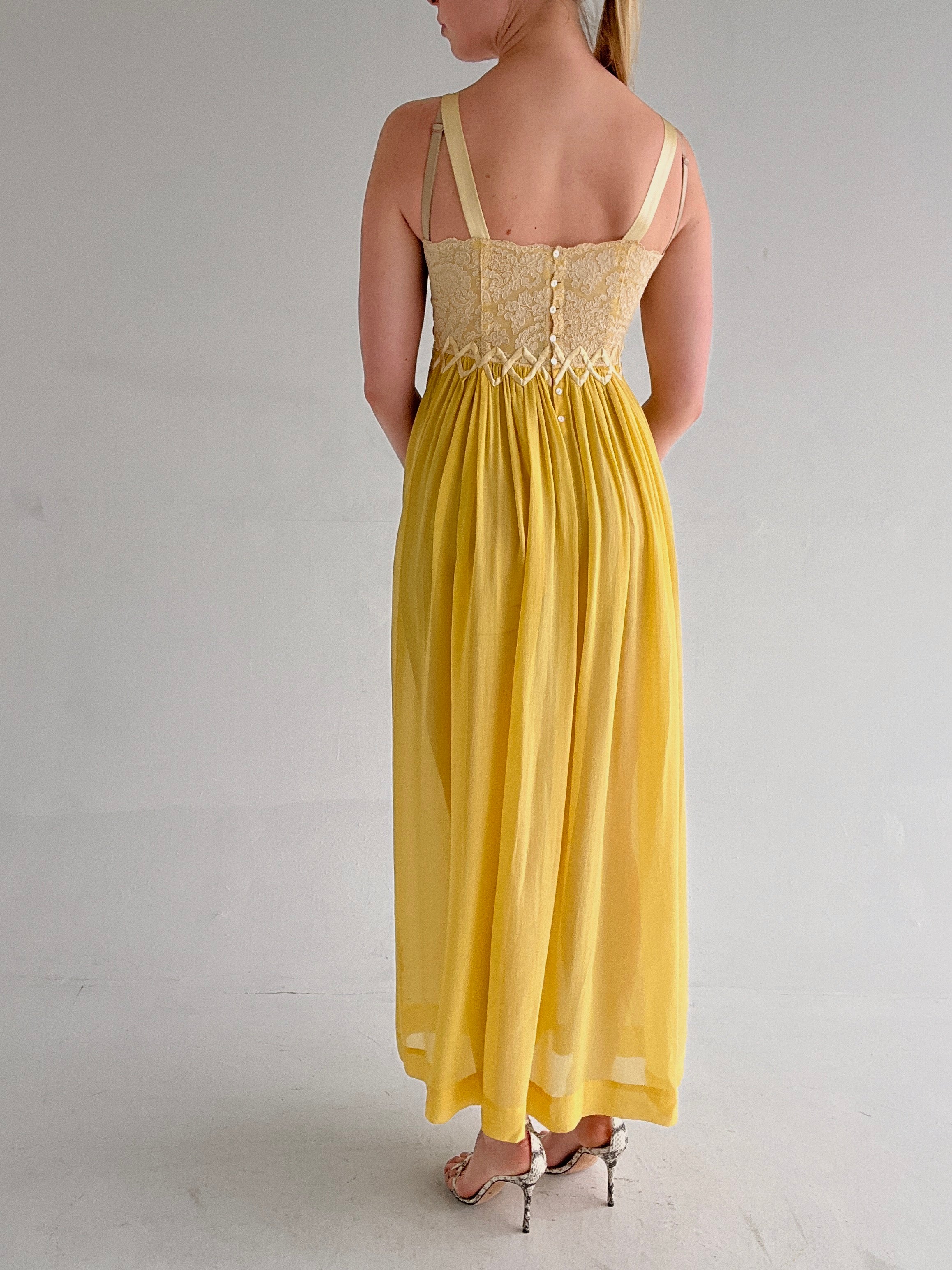 1930's Sunflower Yellow Silk Chiffon Dress with Cream Lace