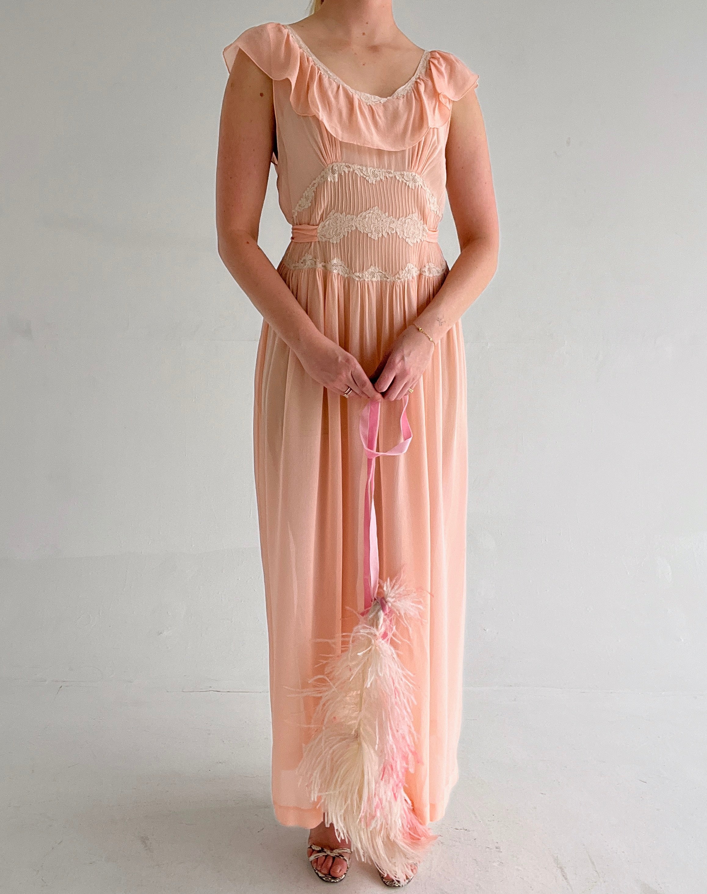 1930's Pink Silk Chiffon Dress with Cream Lace Eveliina Vintage 1930's Pink Silk Chiffon Dress with Cream Lace Eveliina Vintage