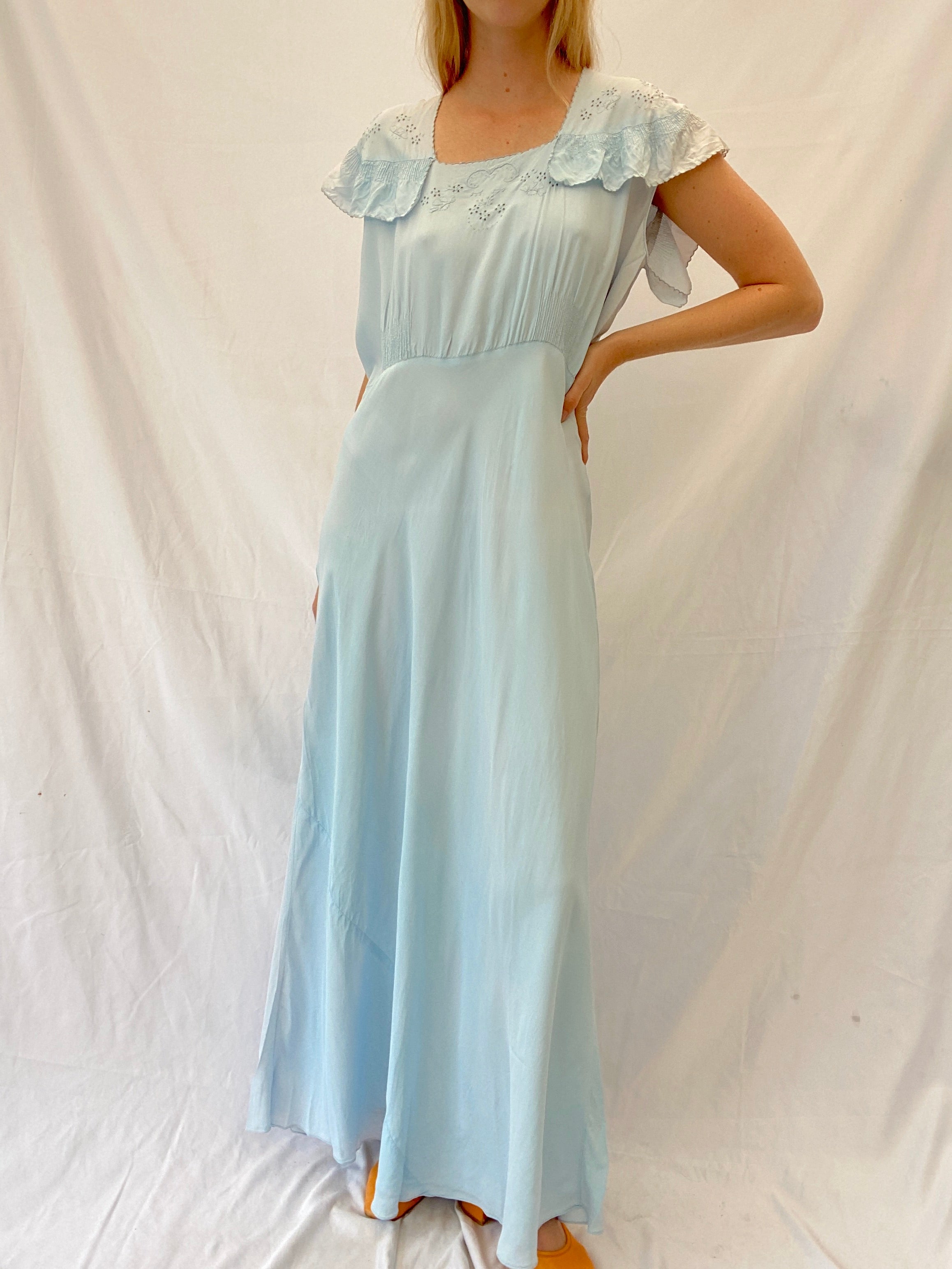 1930's Blue Hand Embroidered Slip