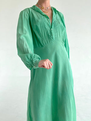 Hand Dyed Emerald Green Silk Long Sleeve Dress