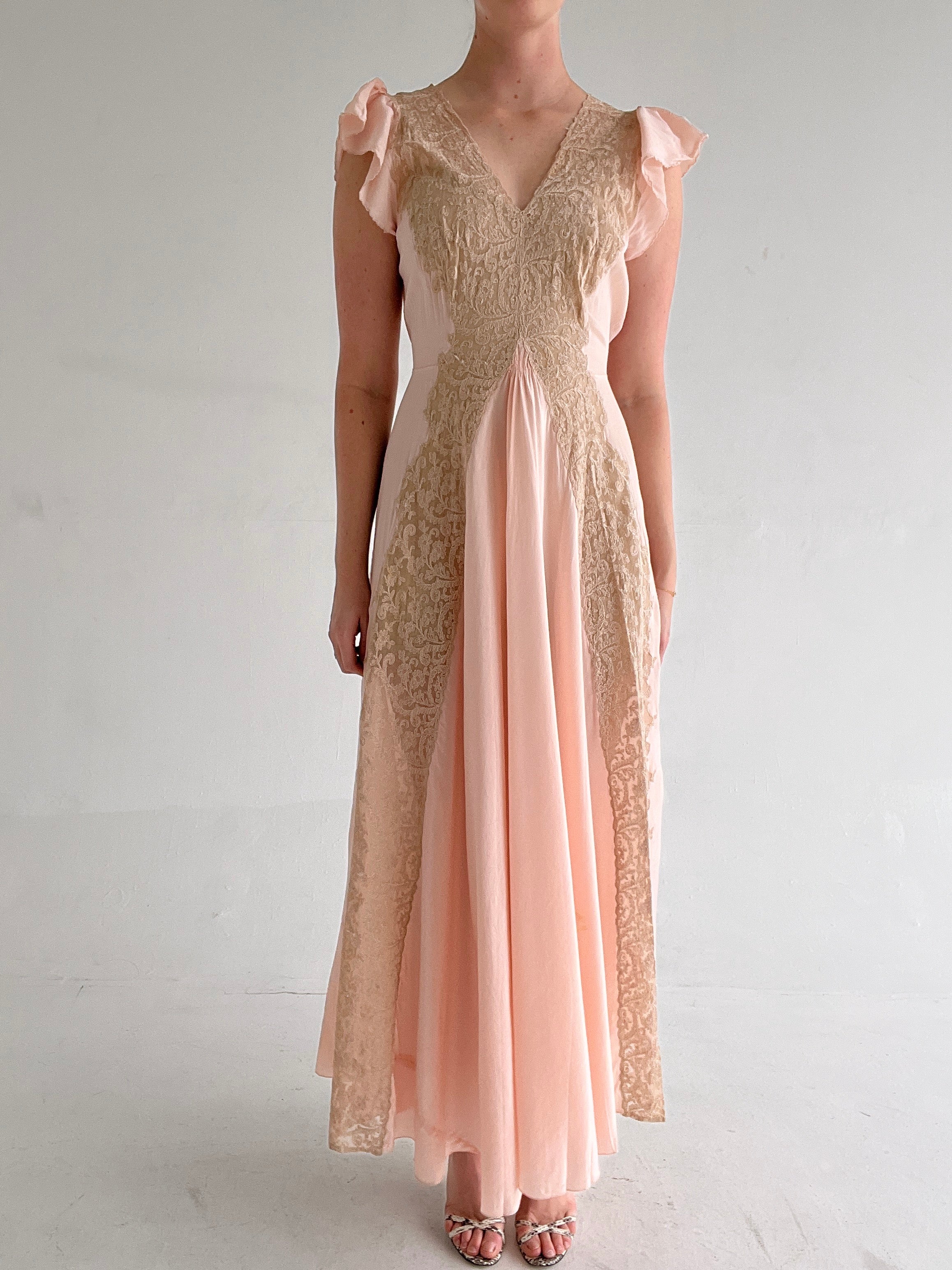 1930's Pale Pink Silk Dress with Cream Lace and Butterfly Sleeve