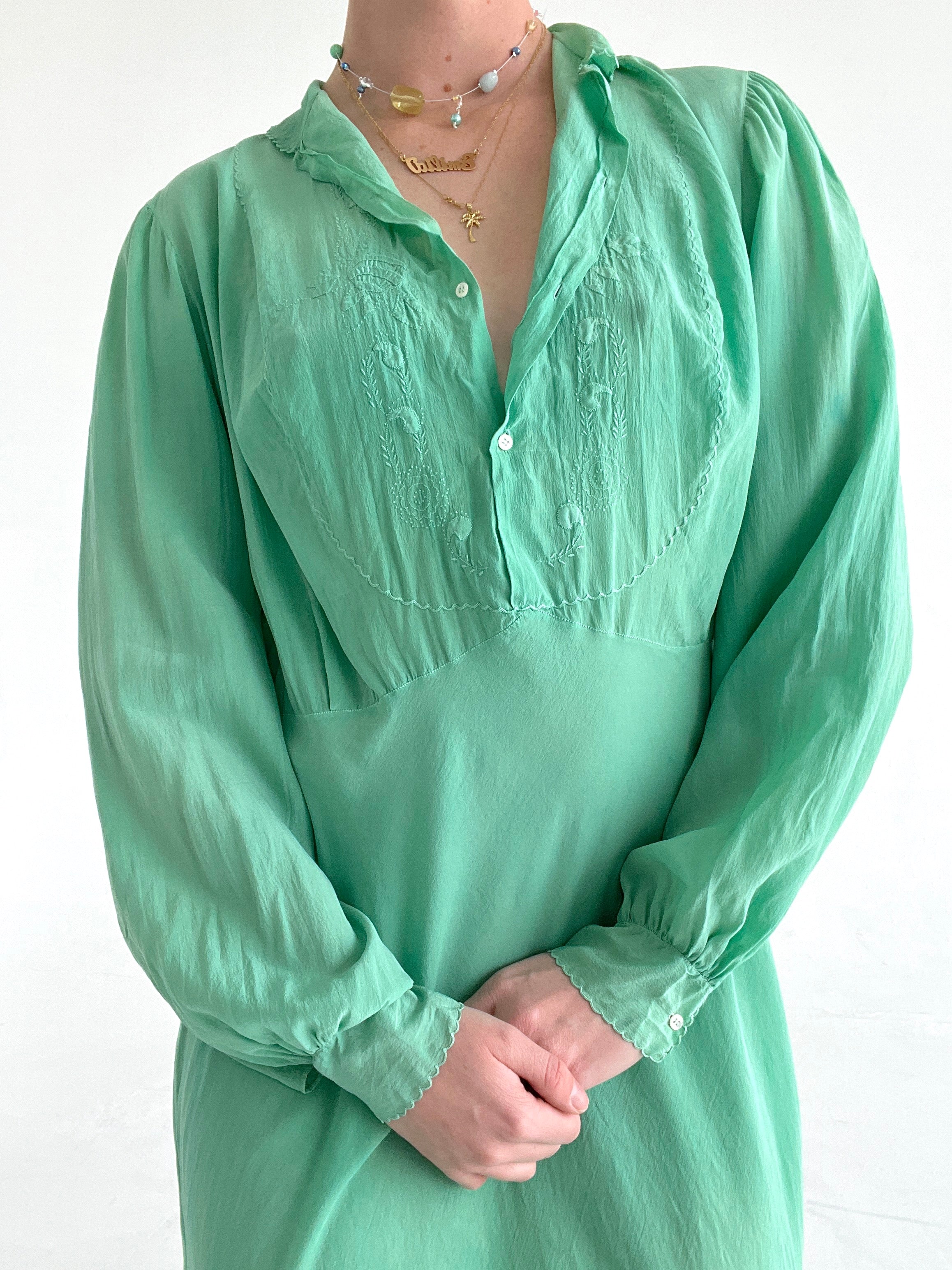 Hand Dyed Emerald Green Silk Long Sleeve Dress