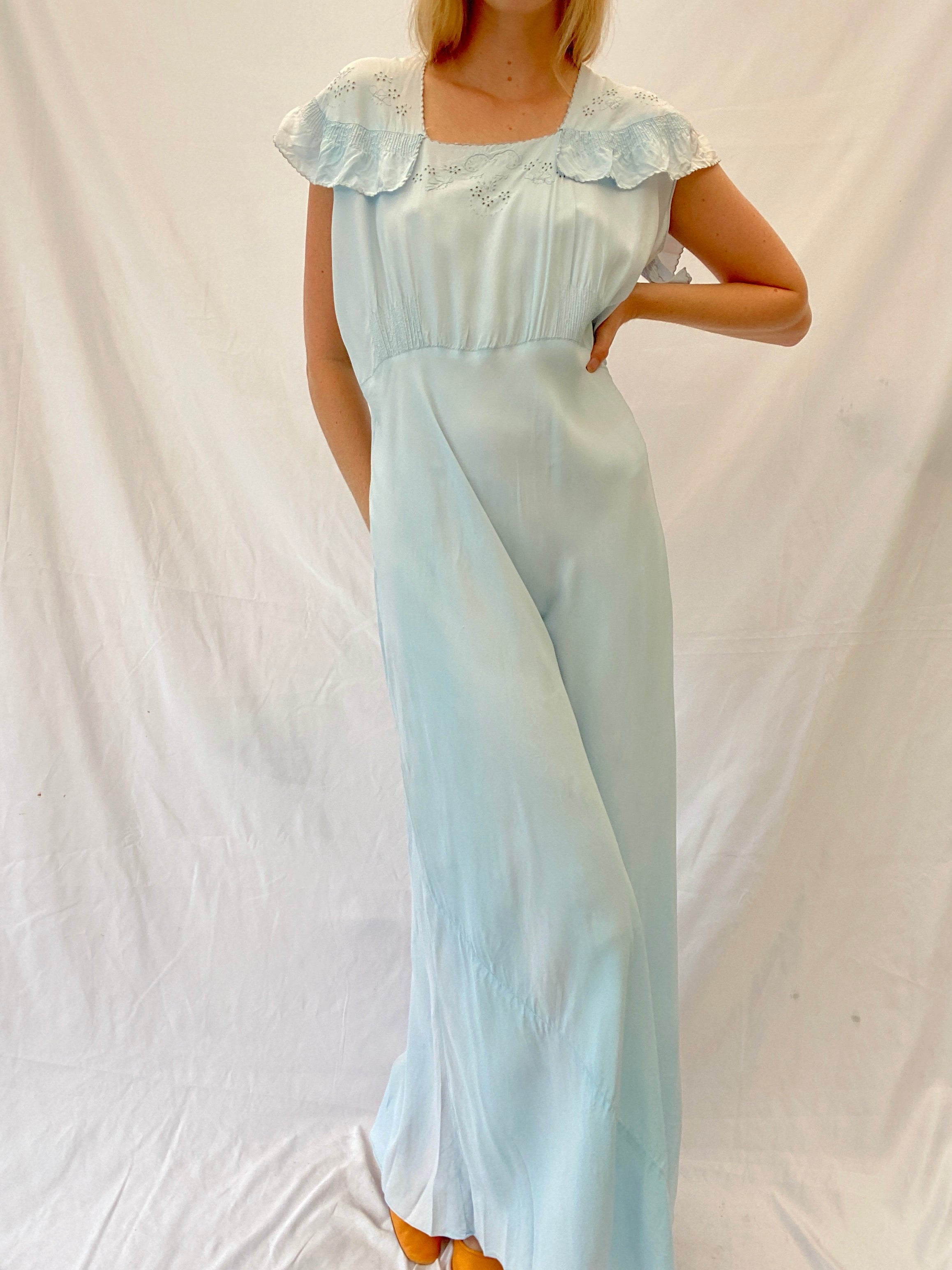 1930's Blue Hand Embroidered Slip