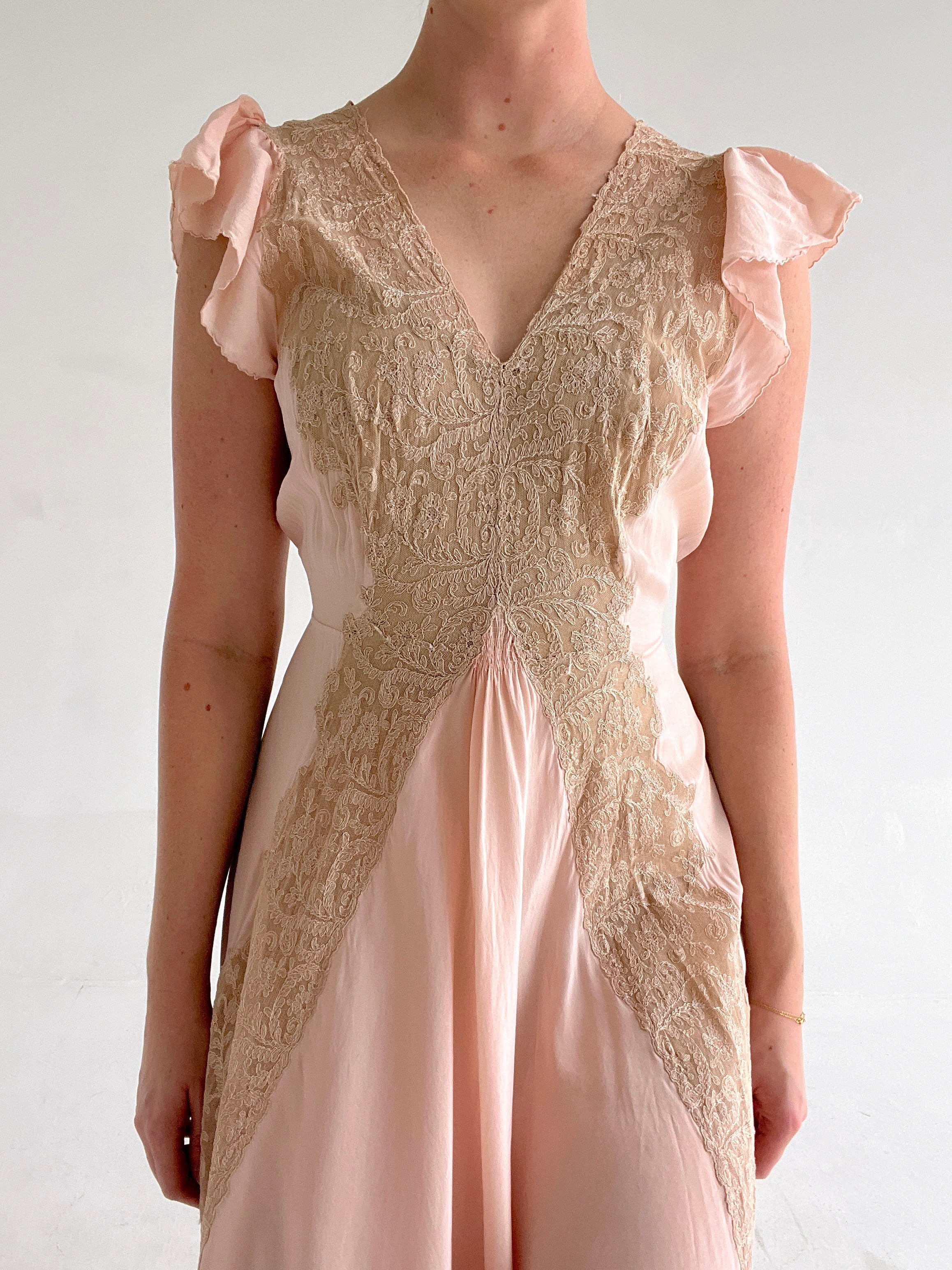 1930's Pale Pink Silk Dress with Cream Lace and Butterfly Sleeve