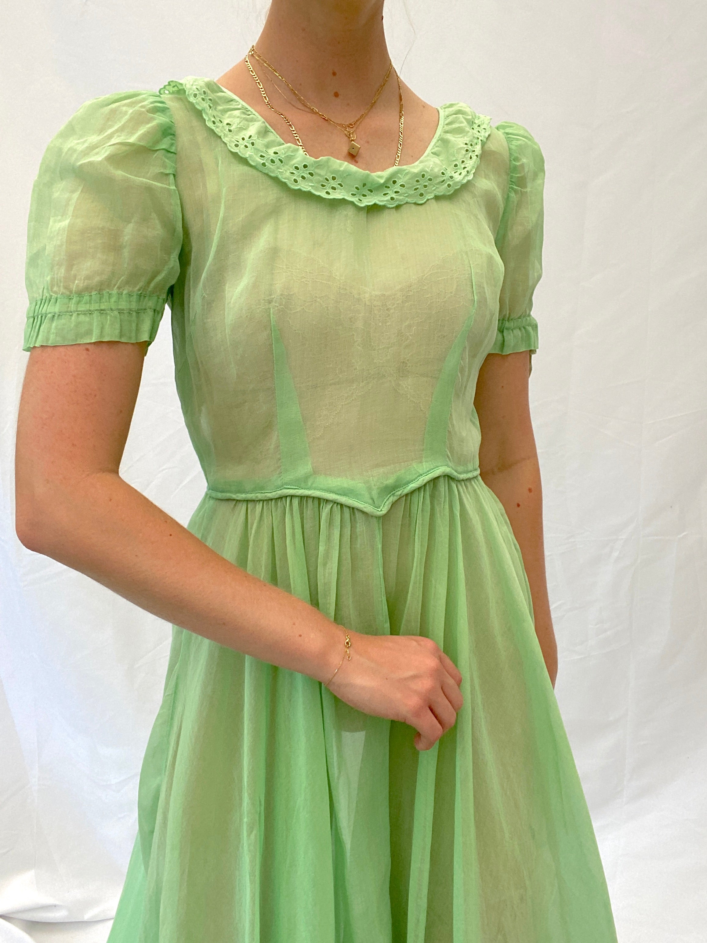 1930's Hand Dyed Green Puffed Sleeve Gown with Floral Eyelet Ruffle