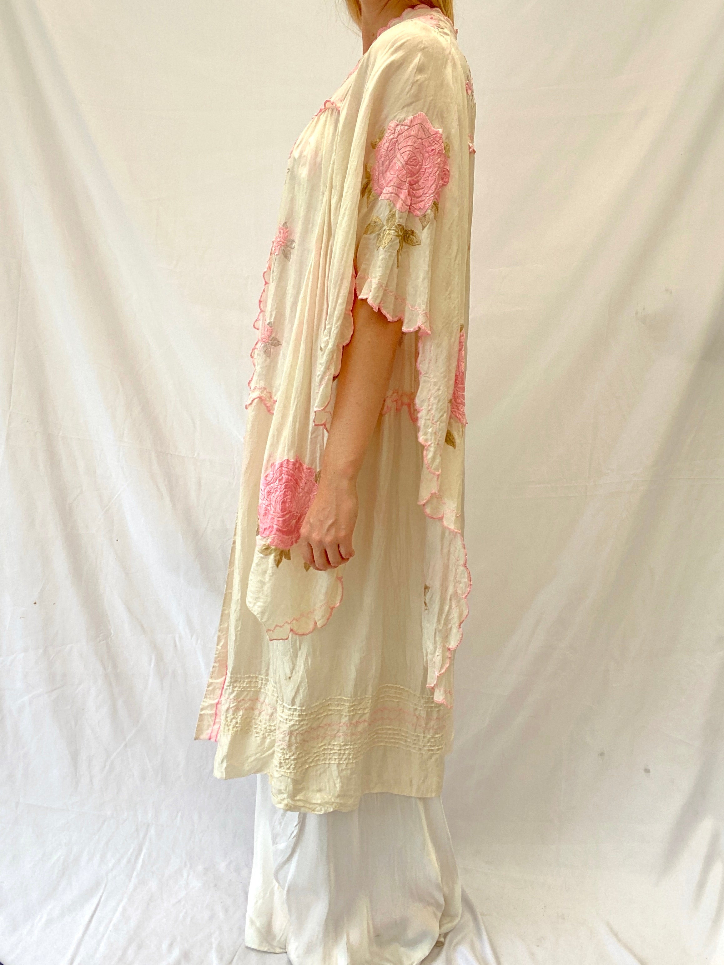 Cream Silk Kimono Robe With Large Roses