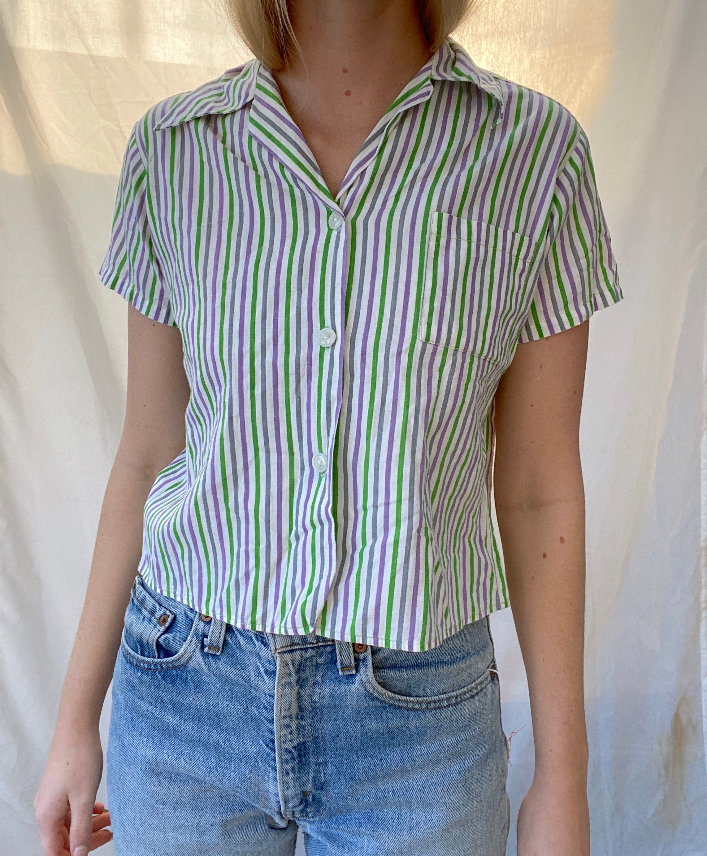 Green And Purple Striped Button Up Short Sleeve Shirt