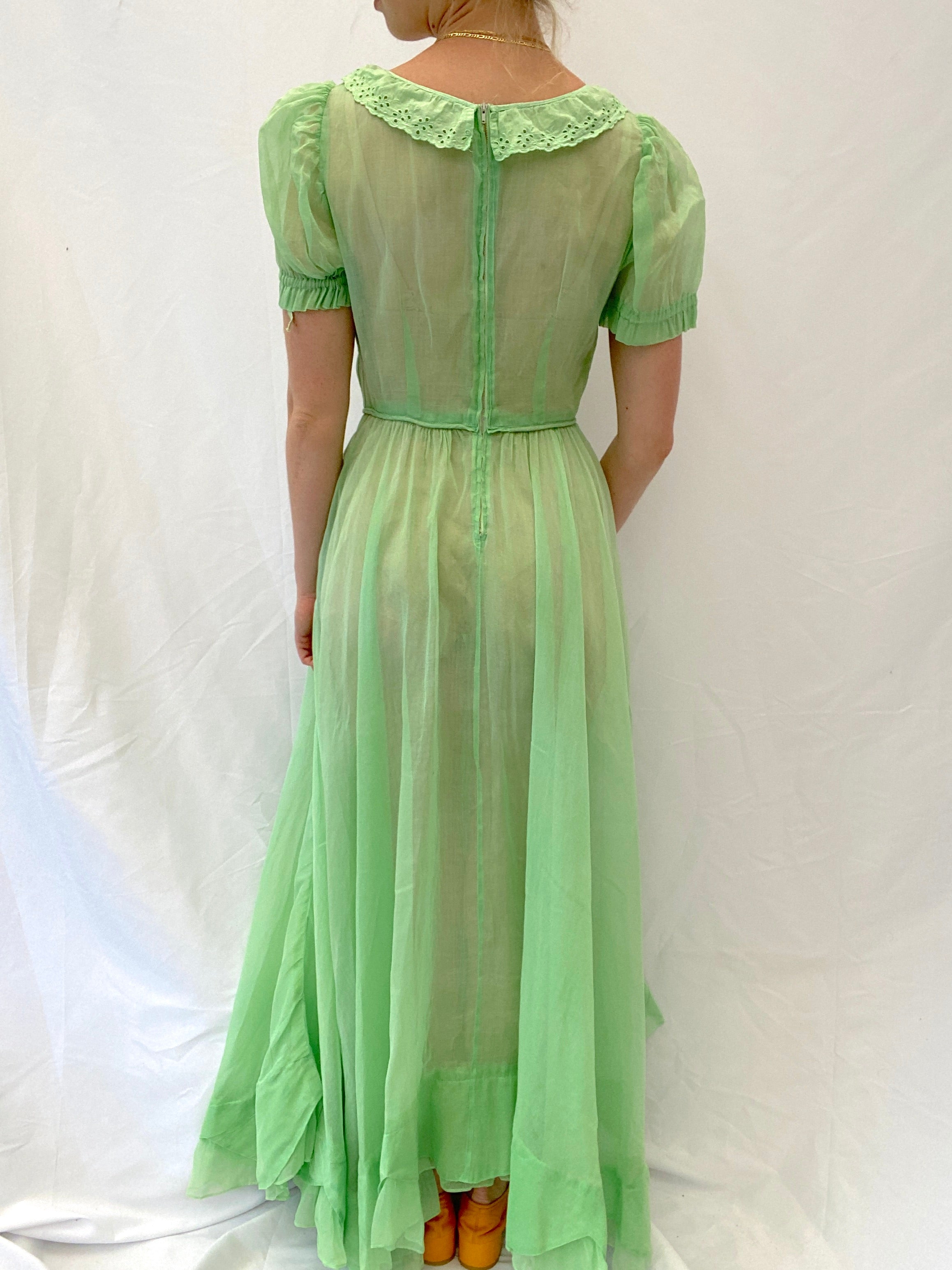 1930's Hand Dyed Green Puffed Sleeve Gown with Floral Eyelet Ruffle