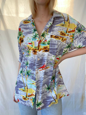 Silk Palm Tree and Bird print Hawaiian Button Down Shirt