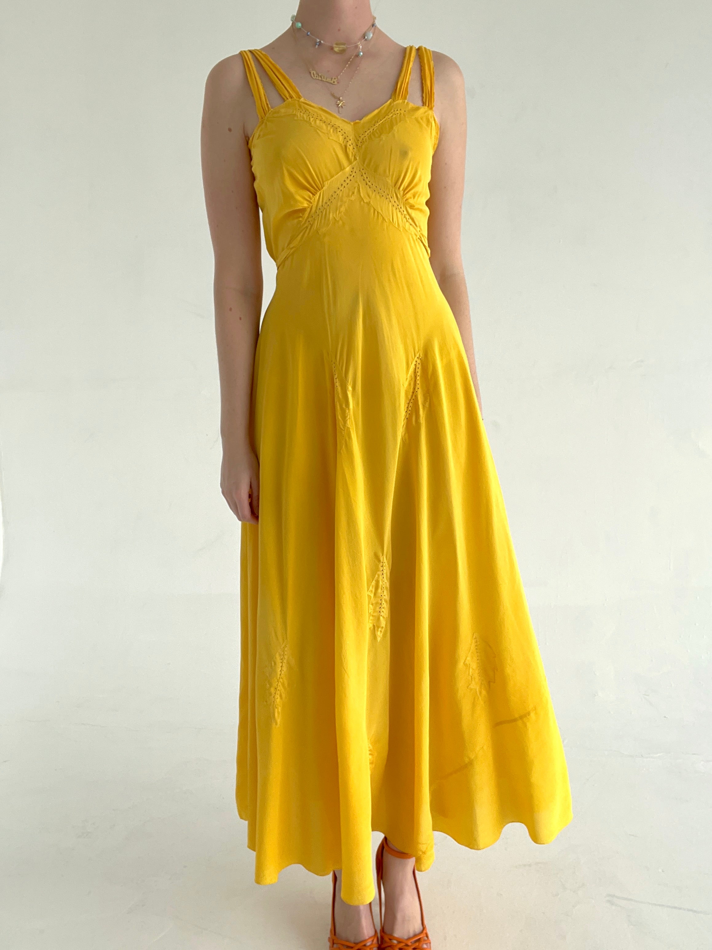 Hand Dyed Yellow Leaf Silk Slip Dress