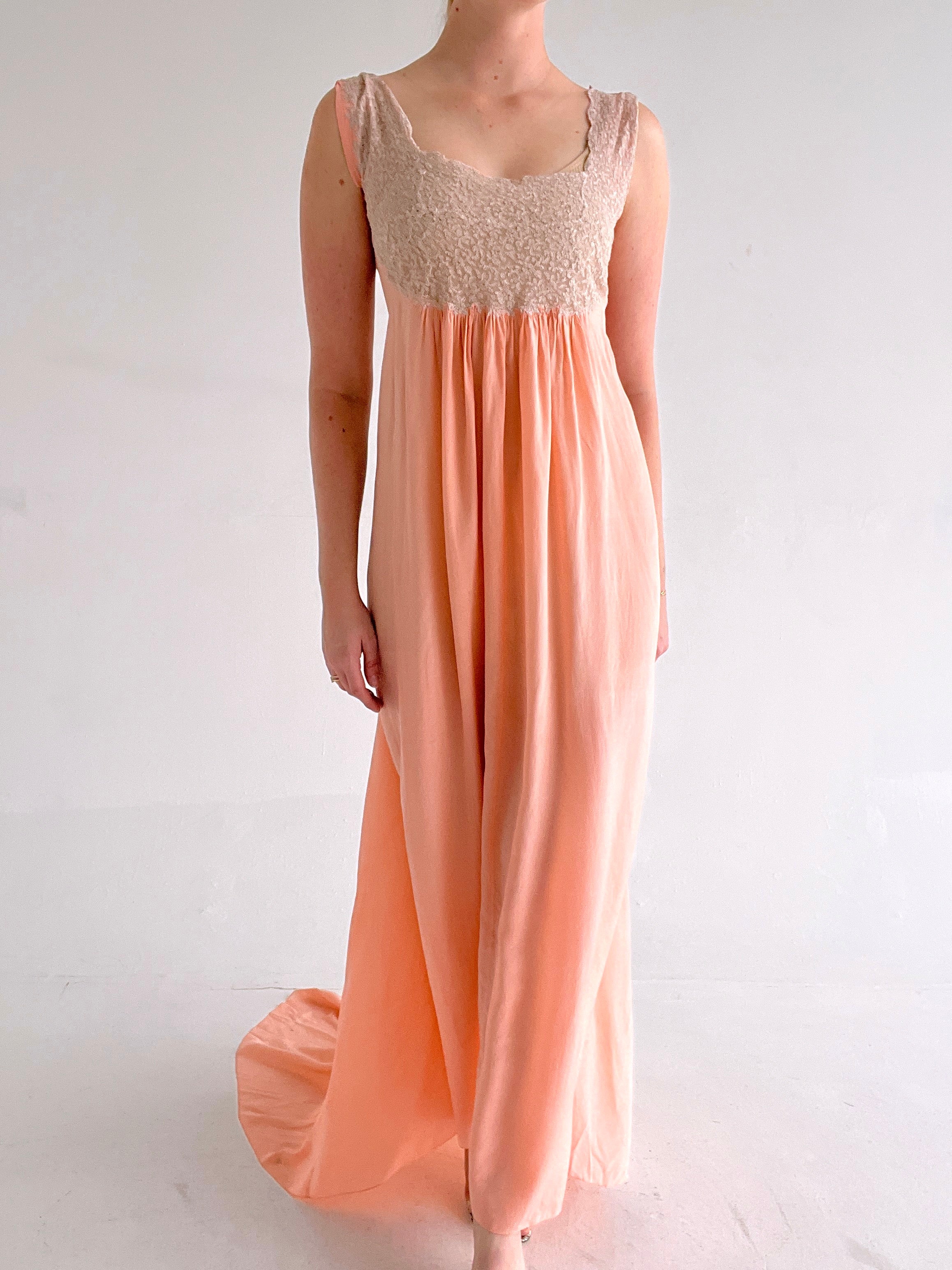 1930's Peach Silk Gown with Train and Cream Lace