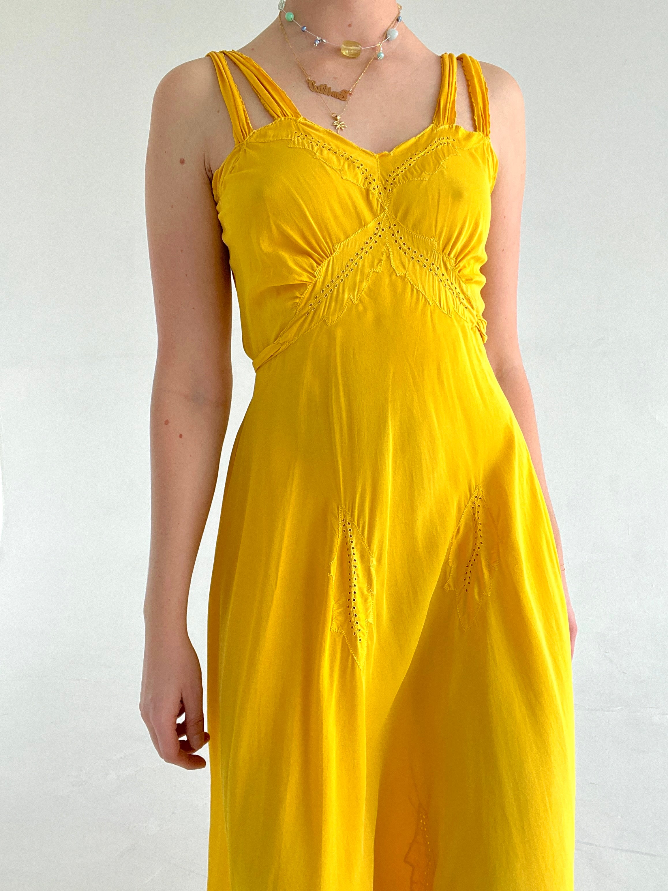 Hand Dyed Yellow Leaf Silk Slip Dress