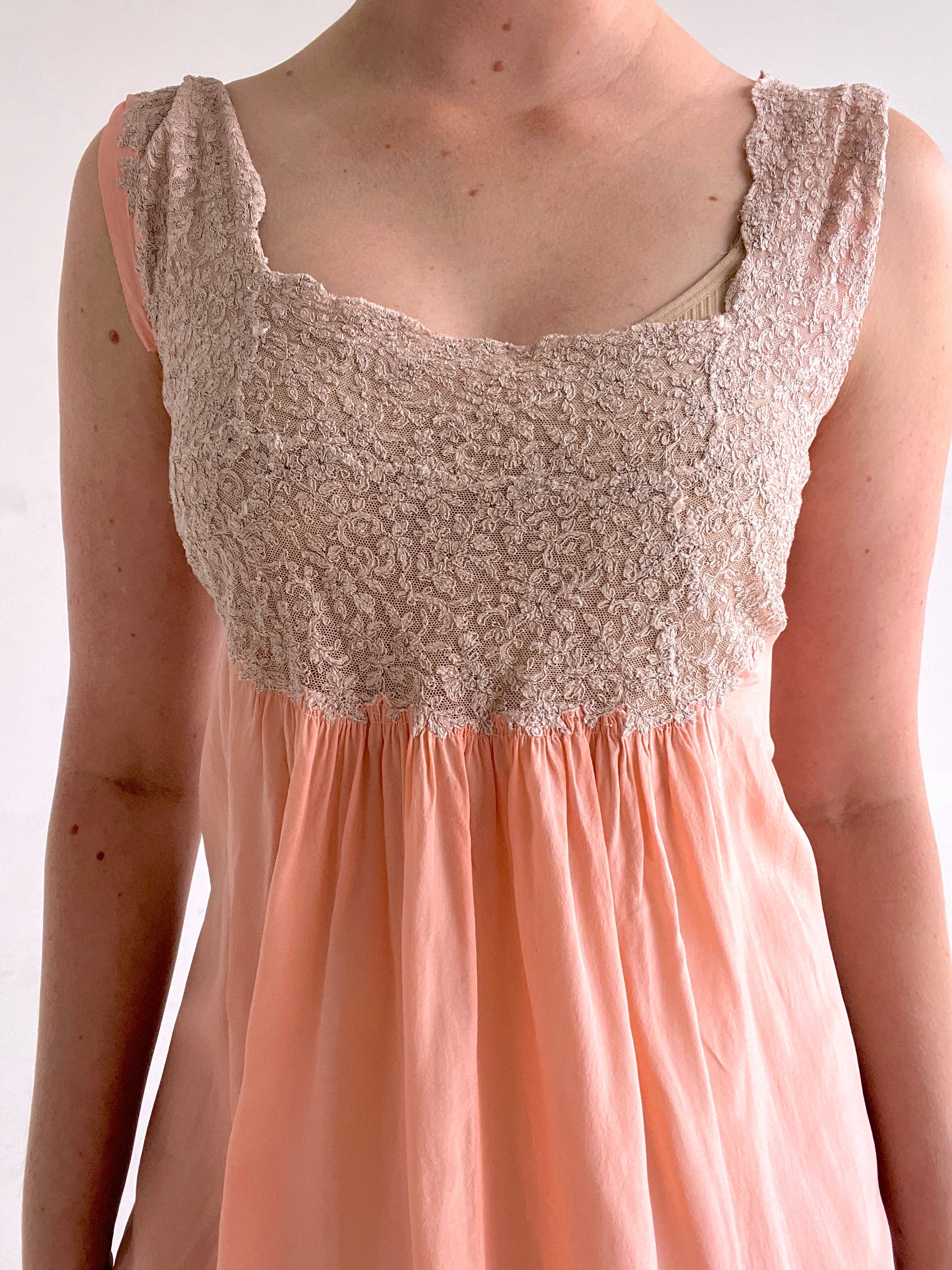 1930's Peach Silk Gown with Train and Cream Lace