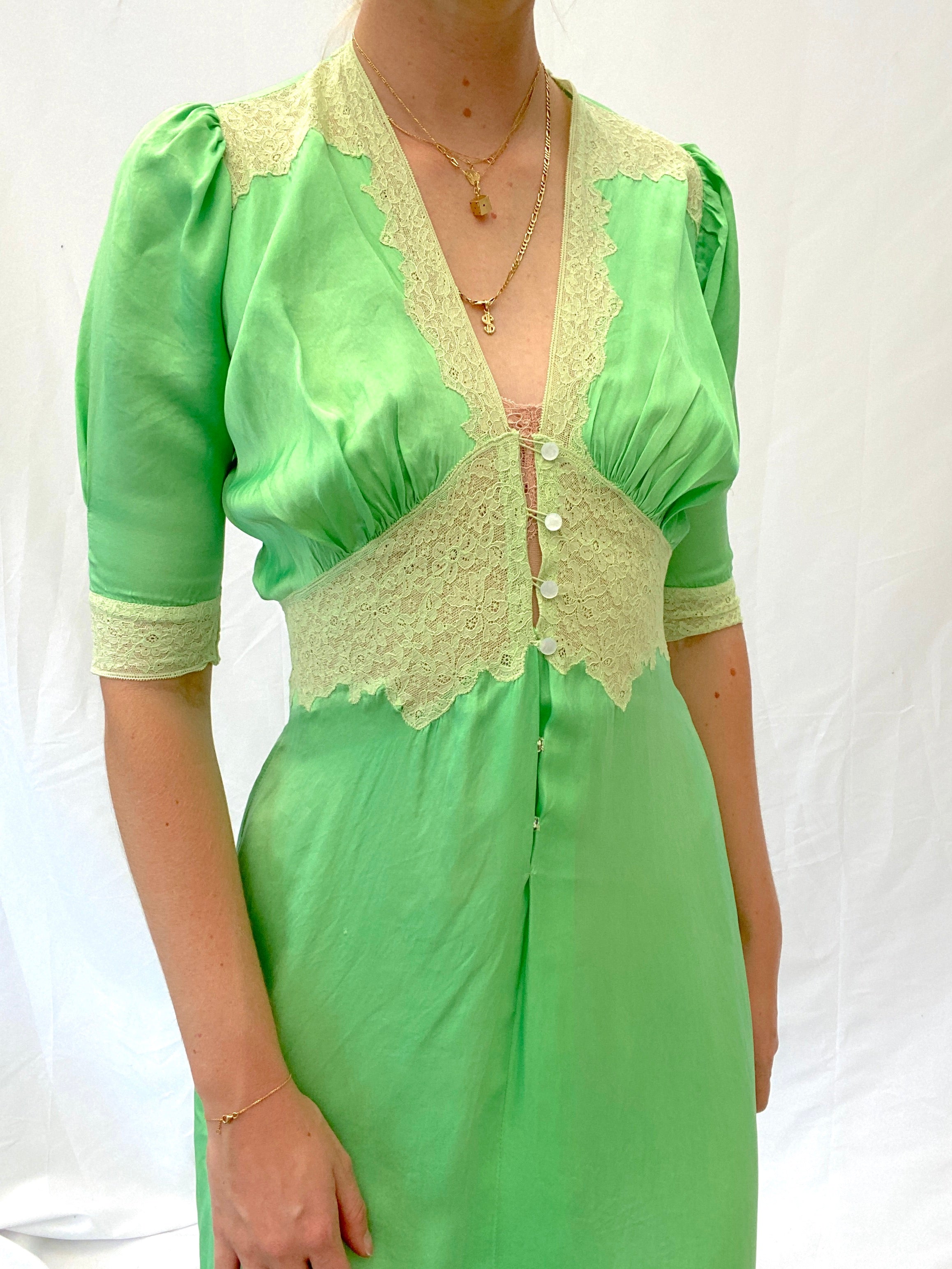 1930's Hand Dyed Leafy Green Silk Dress