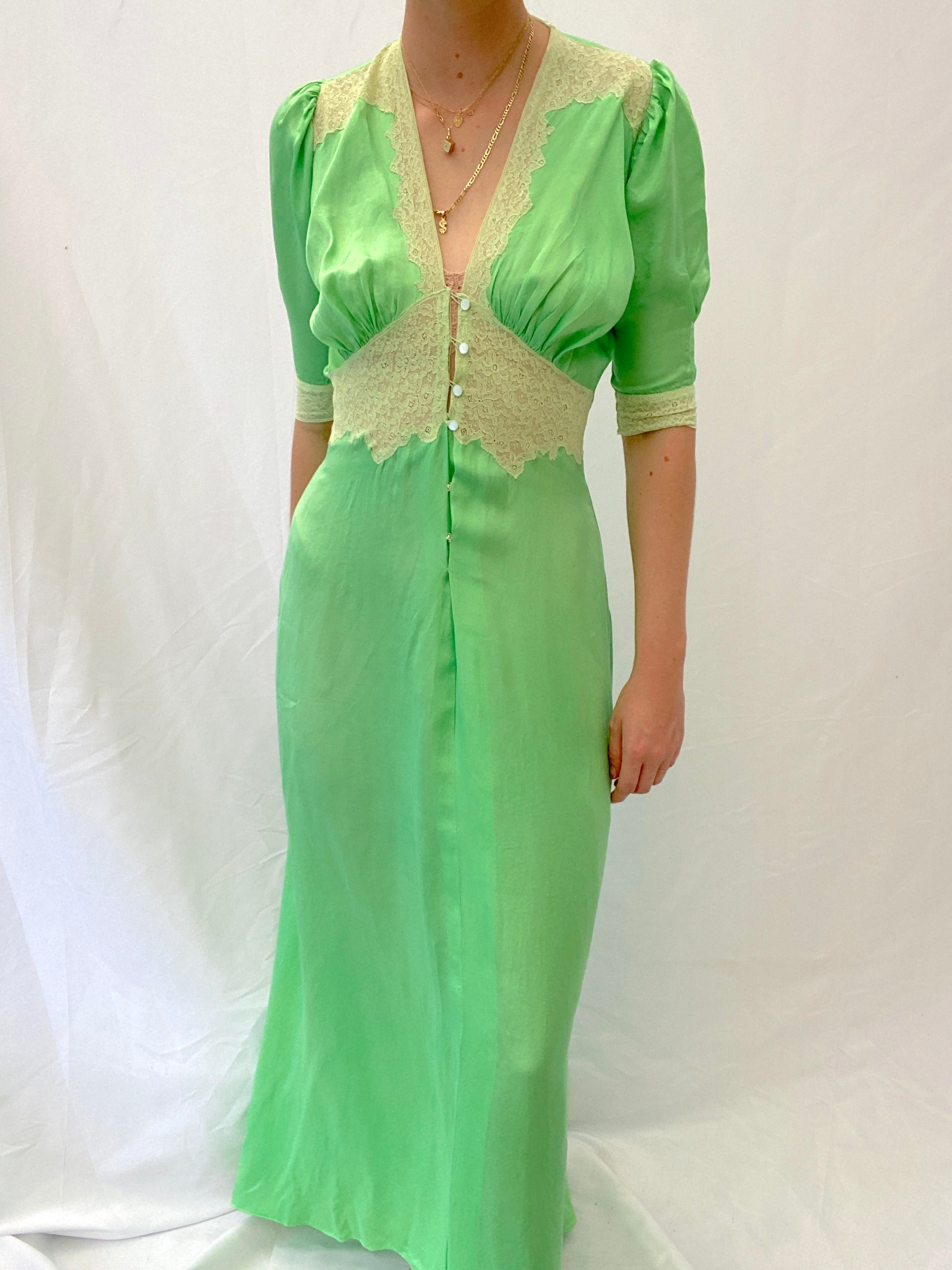1930's Hand Dyed Leafy Green Silk Dress