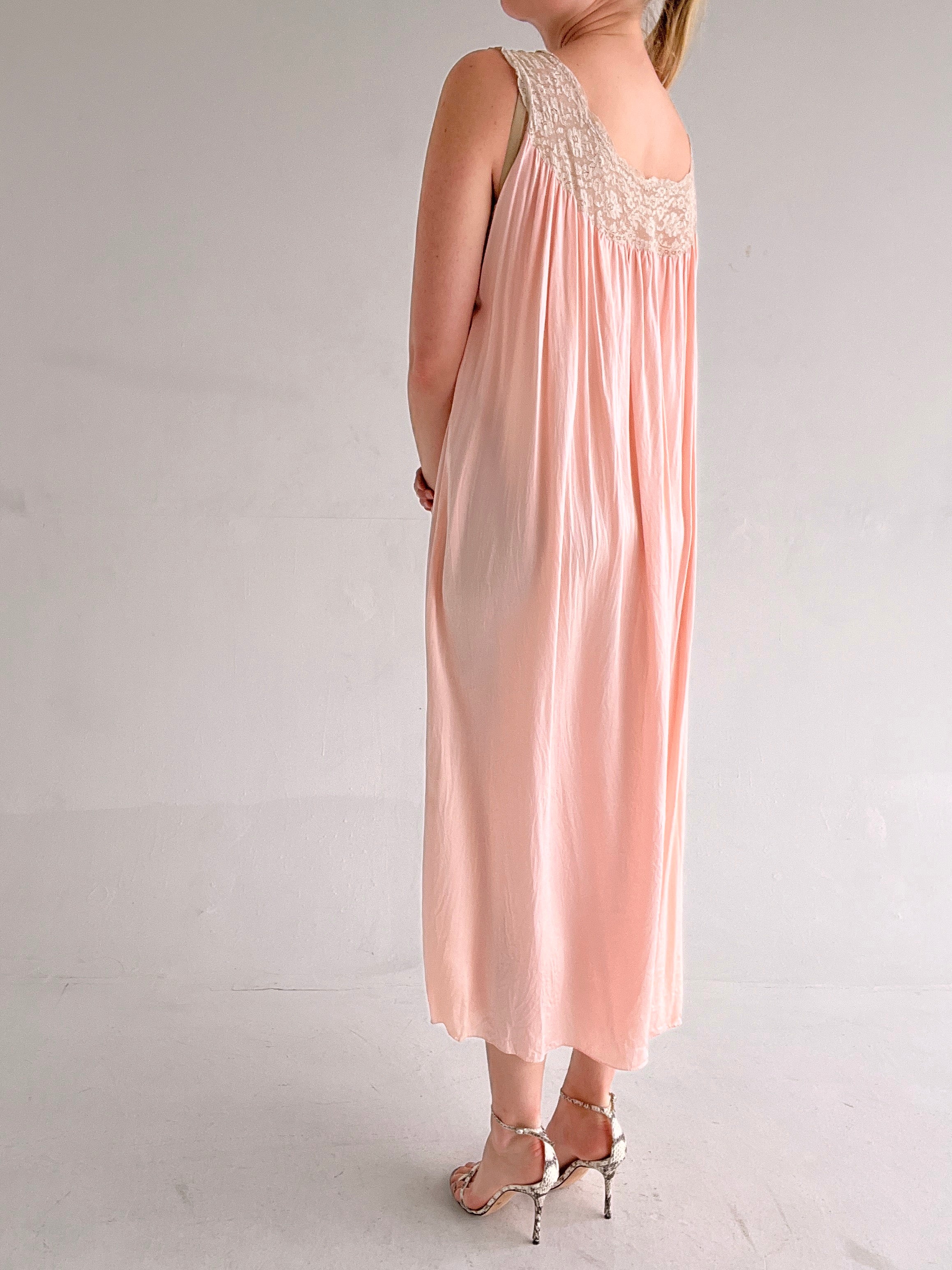 1930's Pink Silk Dress with Cream Lace and Embroidery