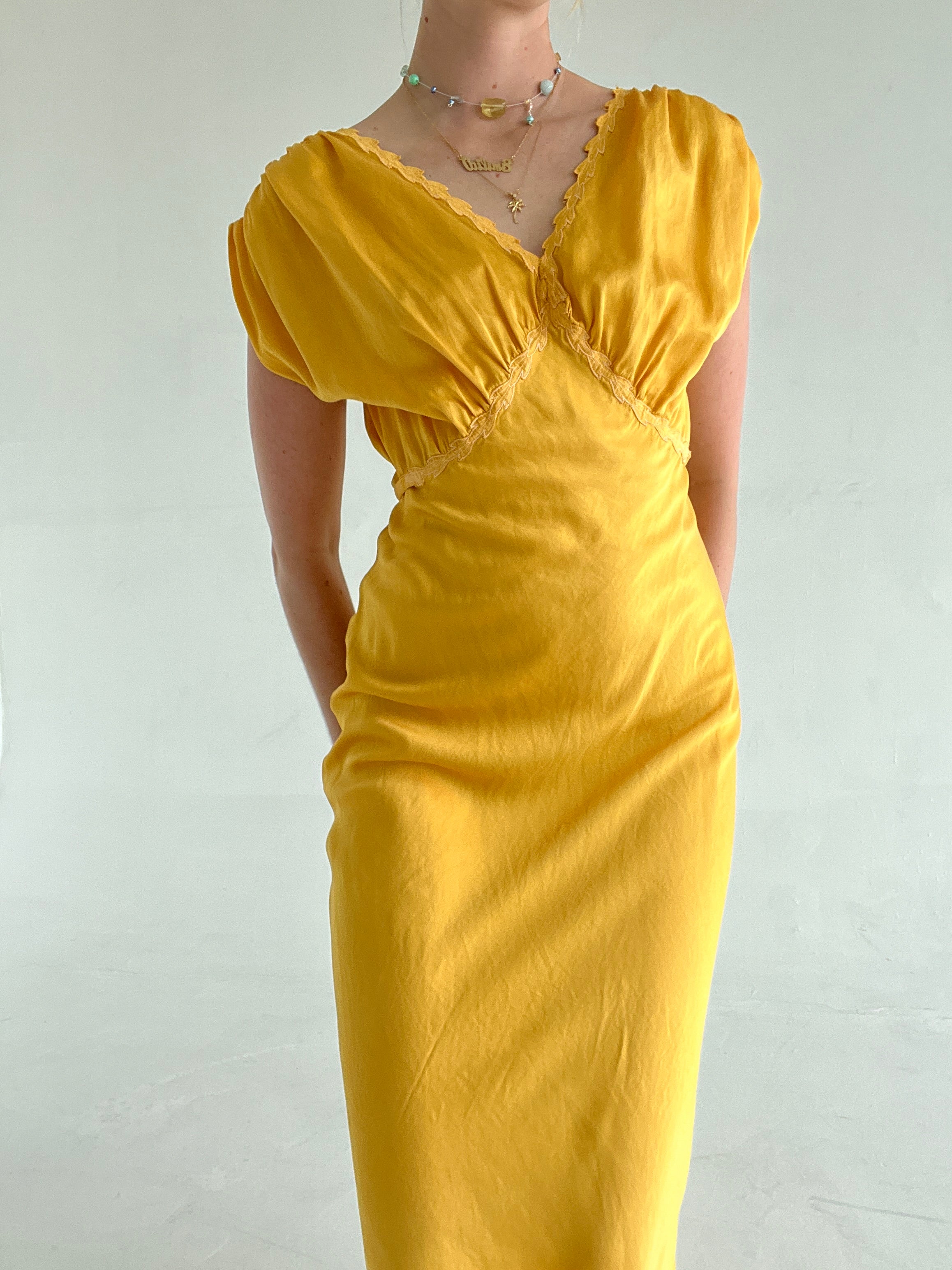 Hand Dyed Sunflower Yellow Leaf Silk Slip Dress Eveliina Vintage Hand Dyed Sunflower Yellow Leaf Silk Slip Dress Eveliina Vintage