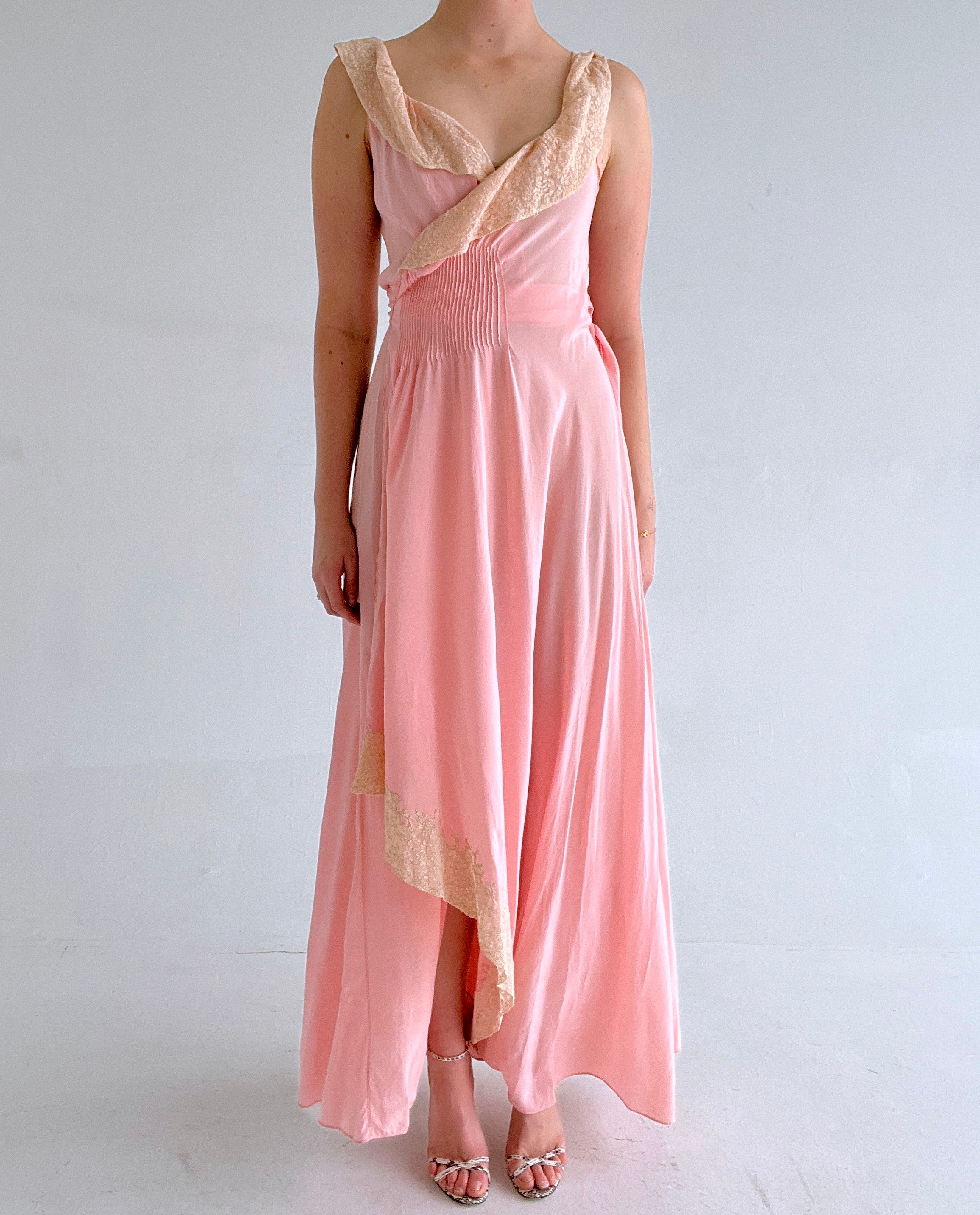 1930's Pink Silk Wrap Dress with Cream Lace Trim – Eveliina Vintage 1930's Pink Silk Wrap Dress with Cream Lace Trim – Eveliina Vintage