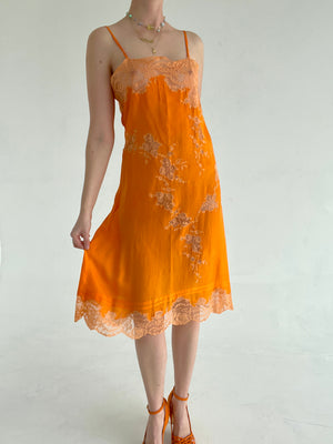 Hand Dyed Orange Silk Slip with Lace Inserts