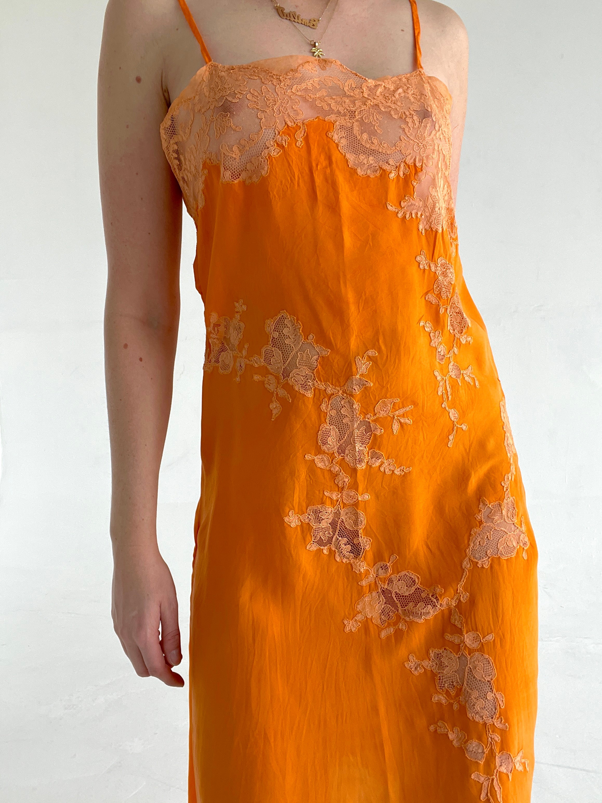 Hand Dyed Orange Silk Slip with Lace Inserts