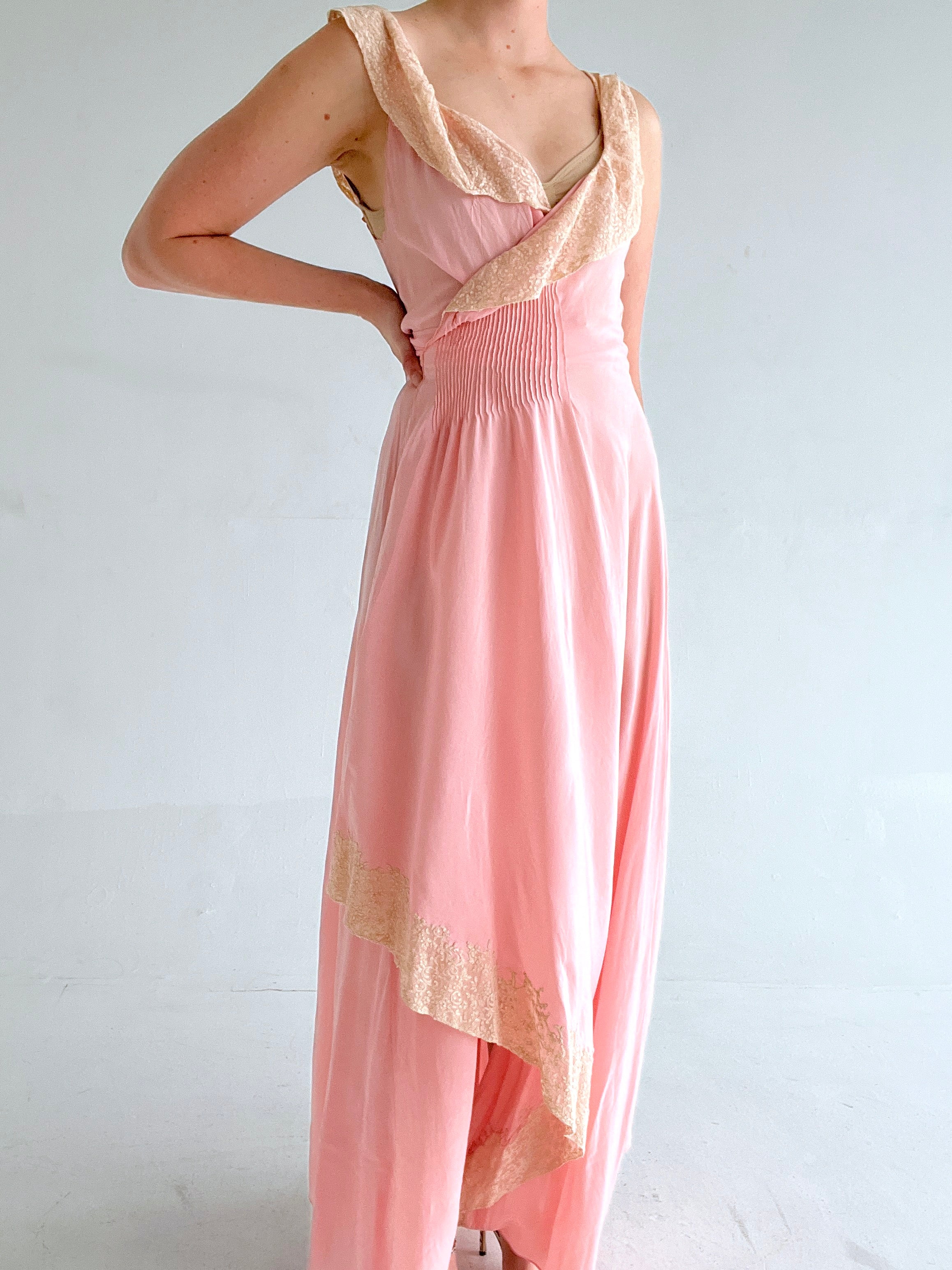 1930's Pink Silk Wrap Dress with Cream Lace Trim