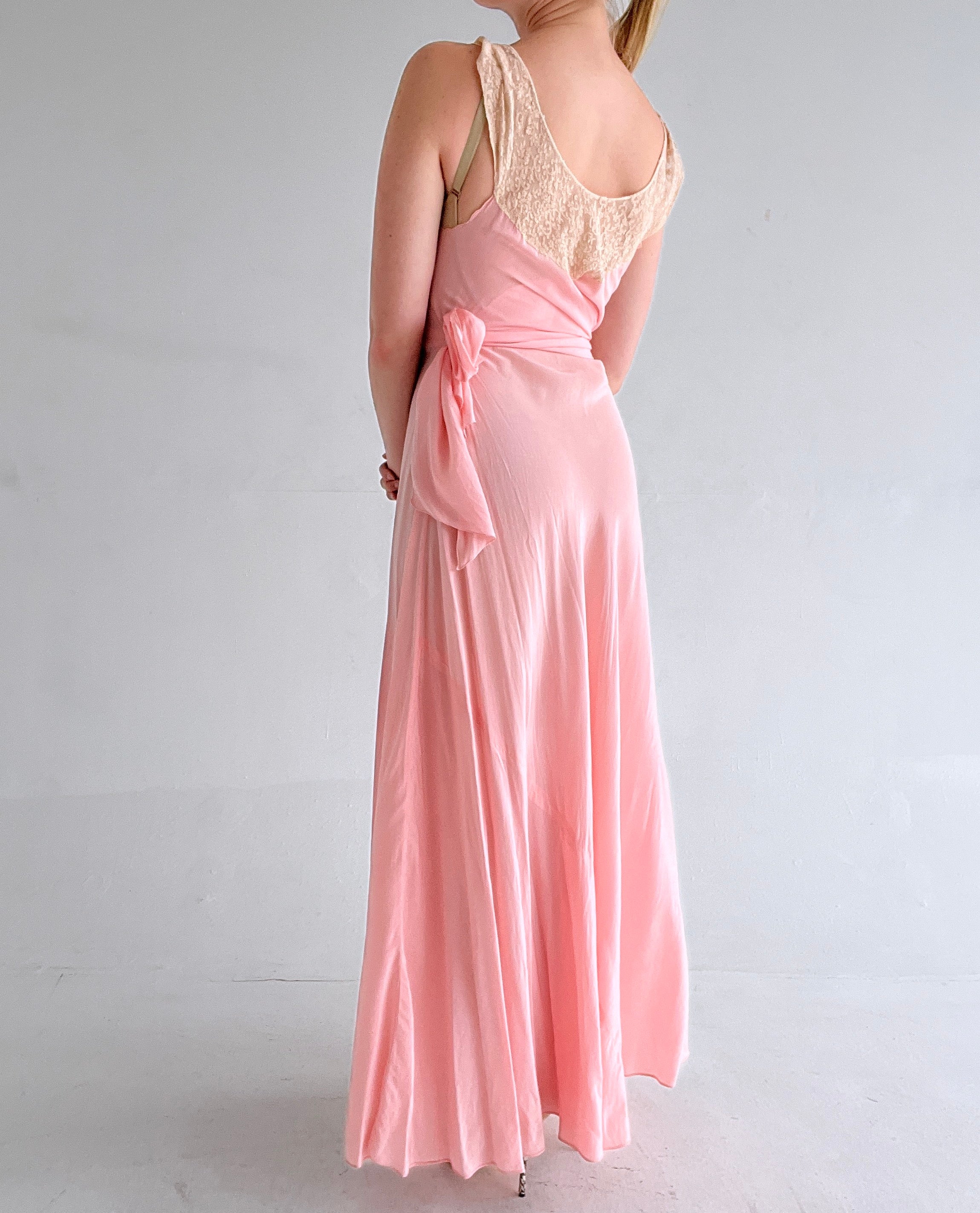 pink silk dress vintage 1930's Pink Silk Wrap Dress with Cream Lace Trim – Eveliina Vintage