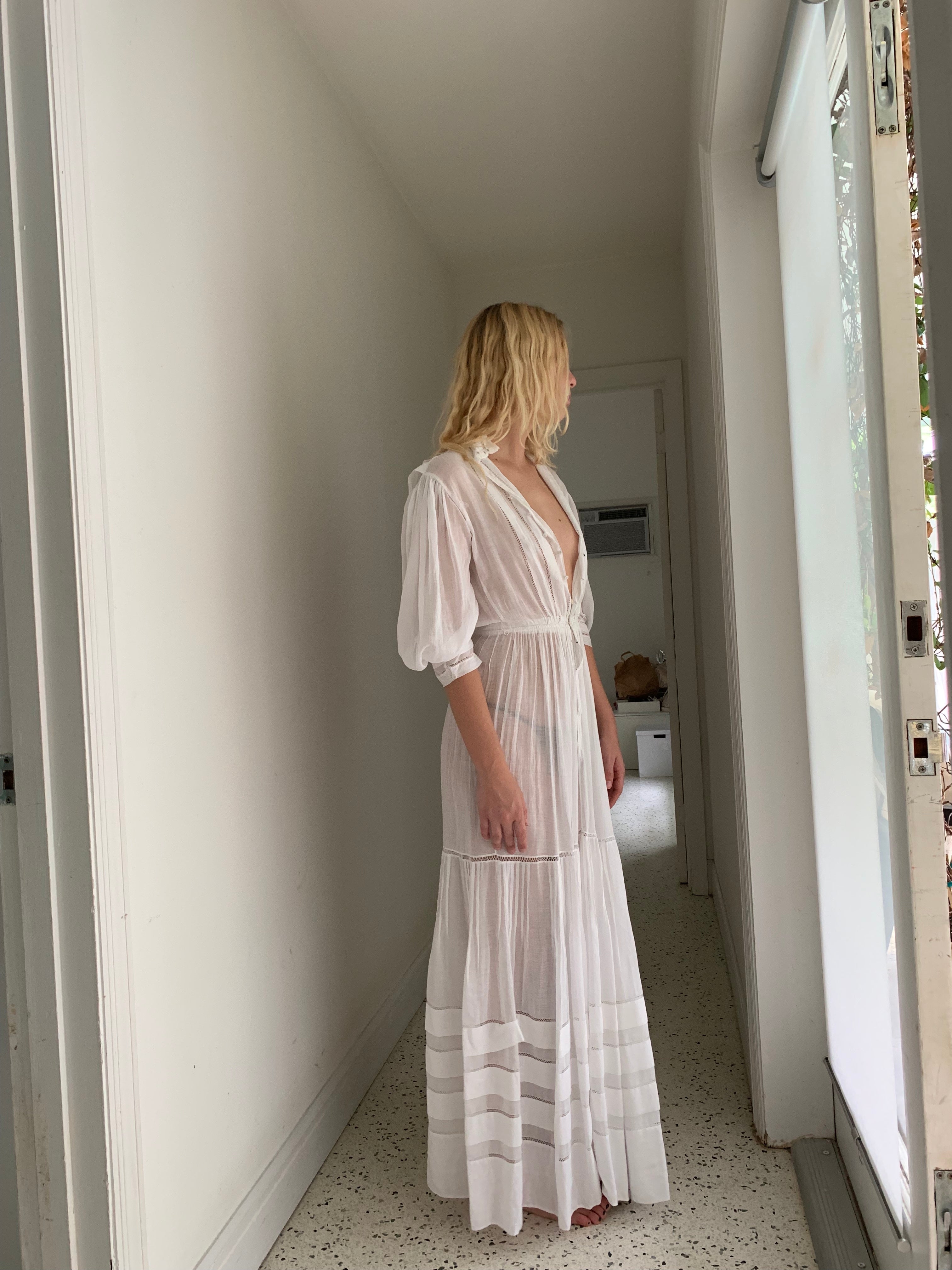 cotton balloon sleeve dress Brown Warm Cotton Waffle Fit and Flare Balloon Sleeves Maxi Dress 60" / Custom Height (Free)