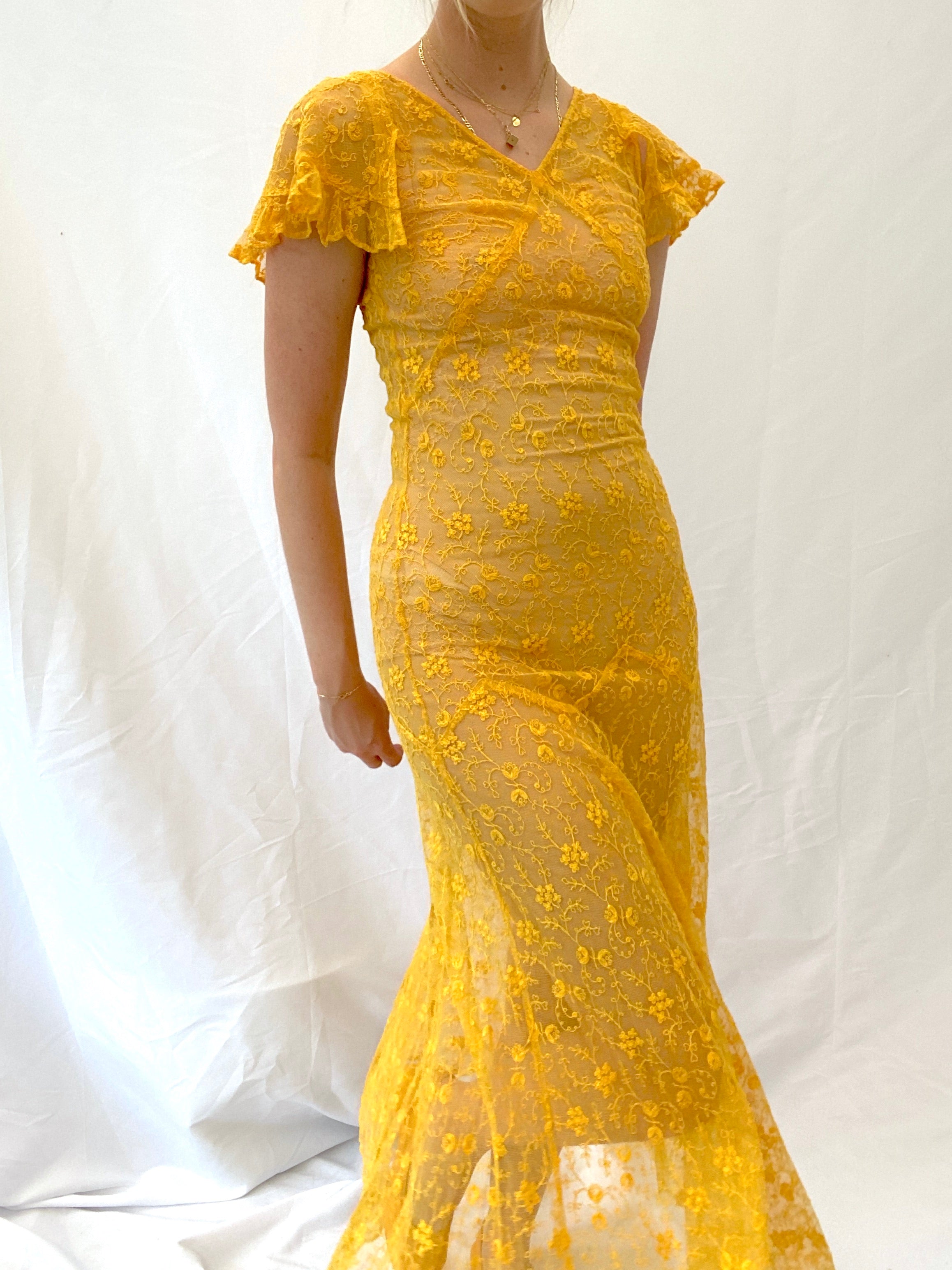Hand Dyed Orange 1930's Embroidered Net Lace Dress