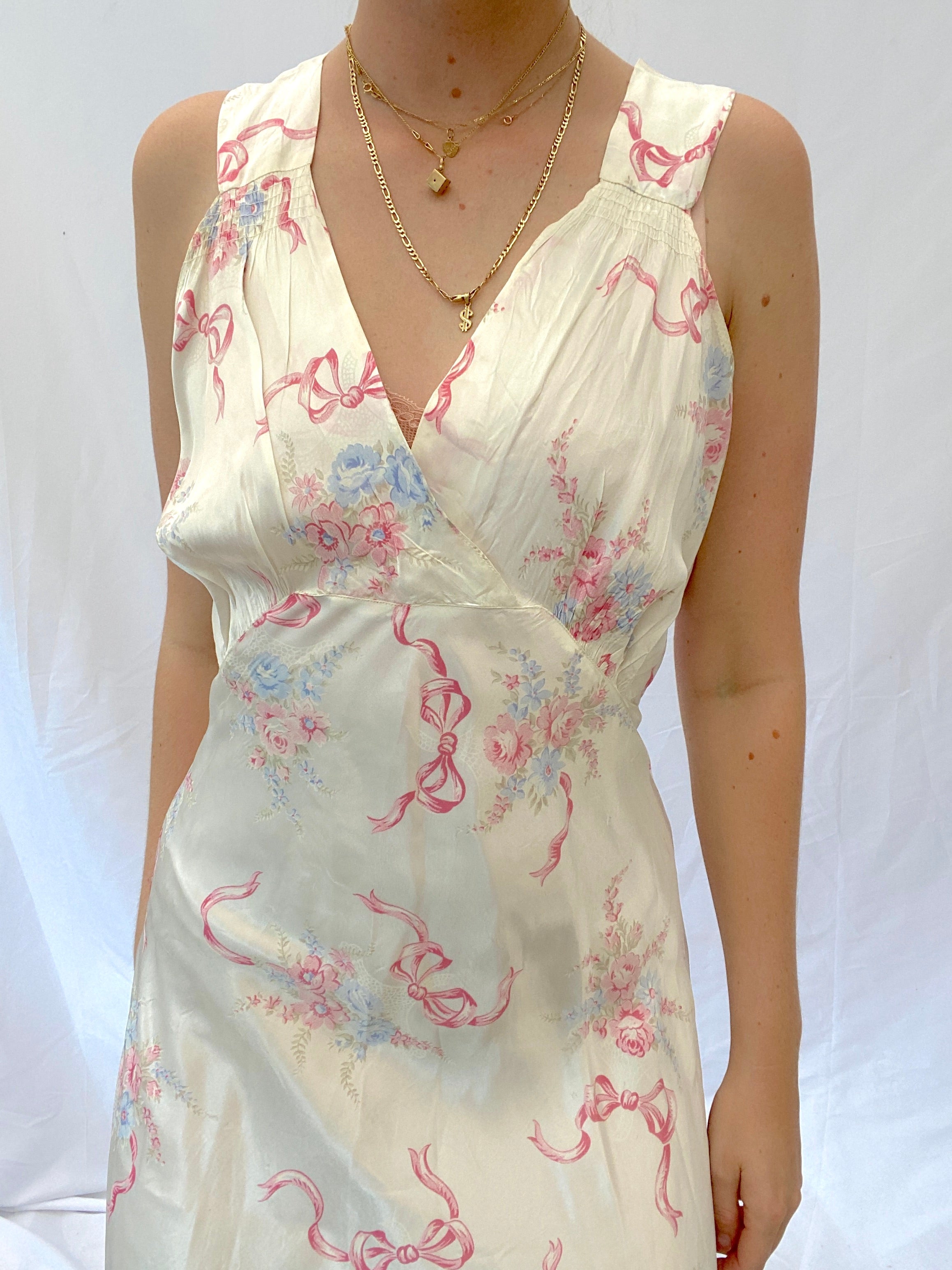 1930's Bow and Floral Print White Silk Slip