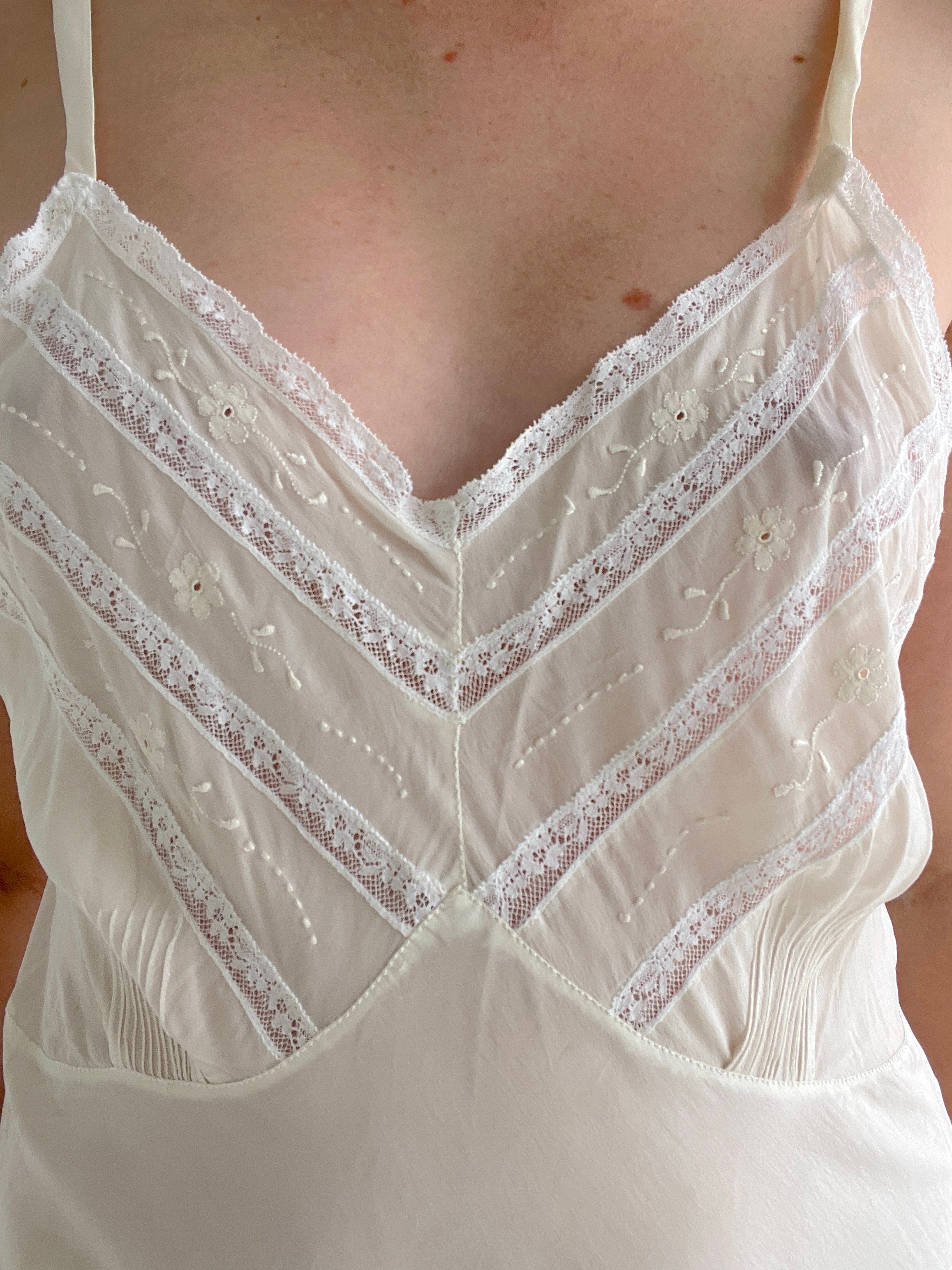 1930's Bridal White Silk Slip with Daisy Embroidery