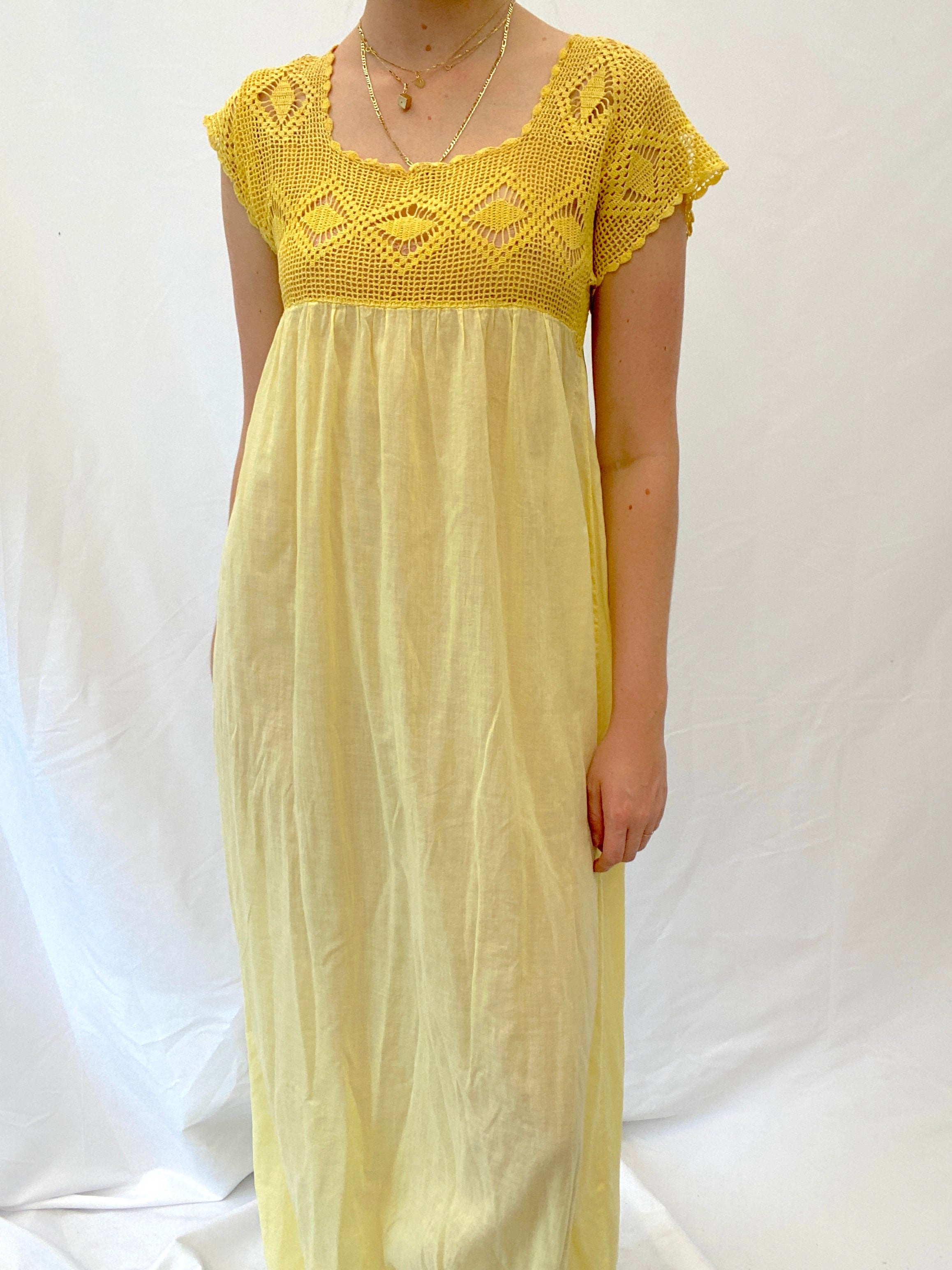 Sunflower Yellow Cotton Dress with Crochet Top Eveliina Vintage Sunflower Yellow Cotton Dress with Crochet Top Eveliina Vintage